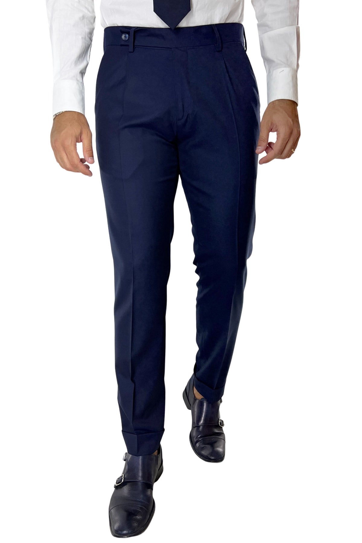 Pantalone uomo Navy blu fresco lana super 140's Holland &amp; Sherry tasca america con una pinces e risvolto 4cm