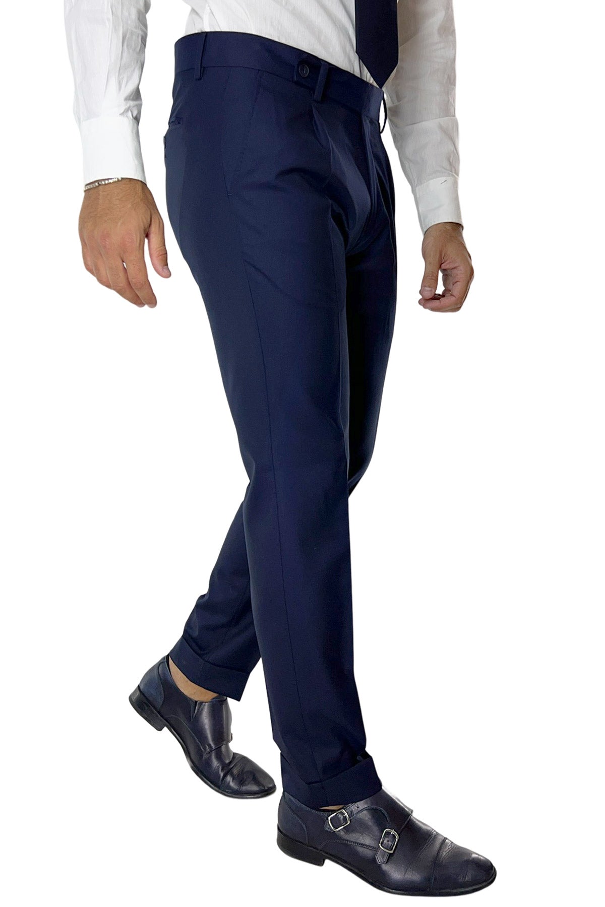 Pantalone uomo Navy blu fresco lana super 140's Holland &amp; Sherry tasca america con una pinces e risvolto 4cm