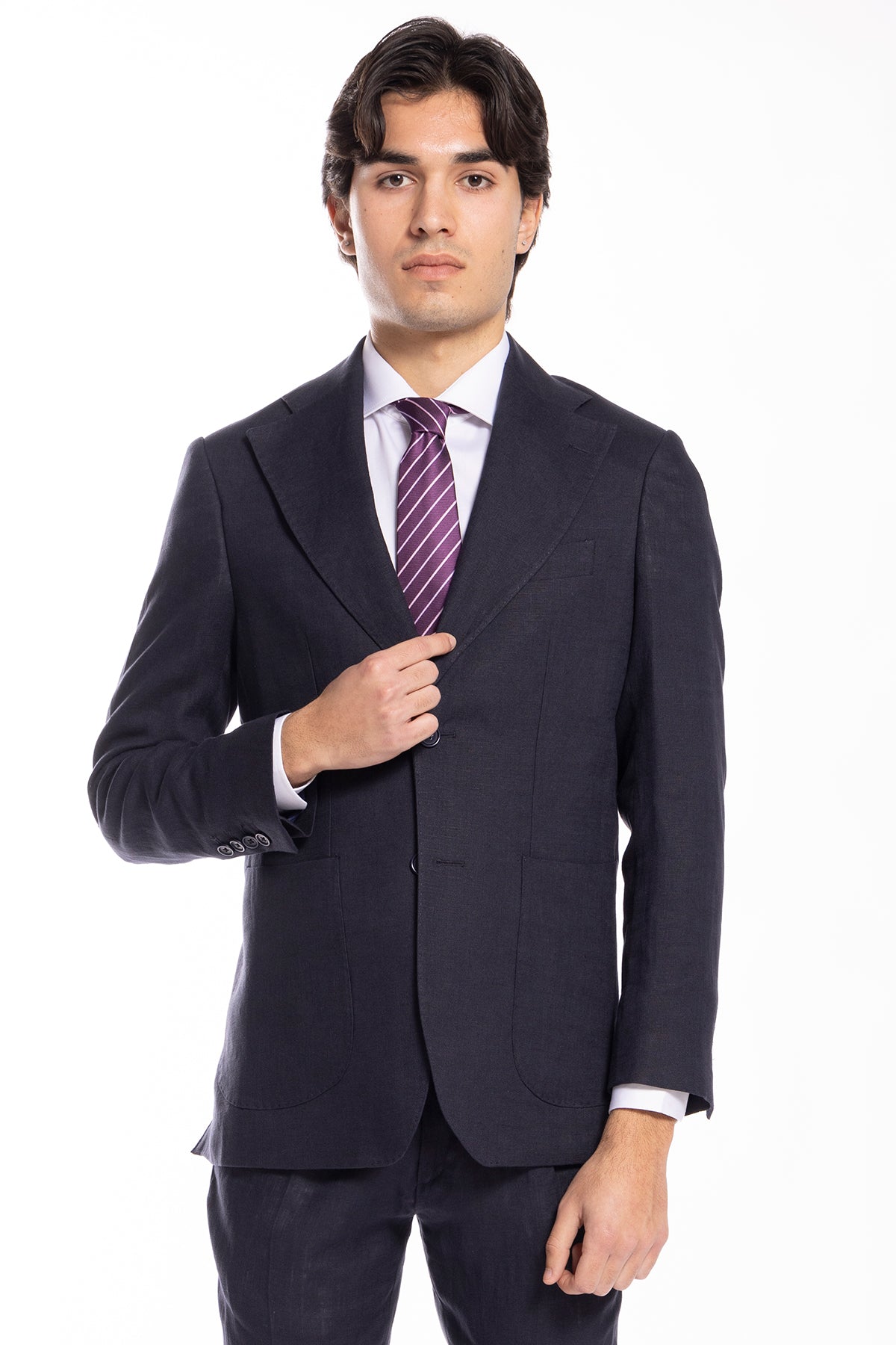 Abito uomo monopetto Navy blu in lino 100% Rever largo tasche a toppe vestibilità regular fit