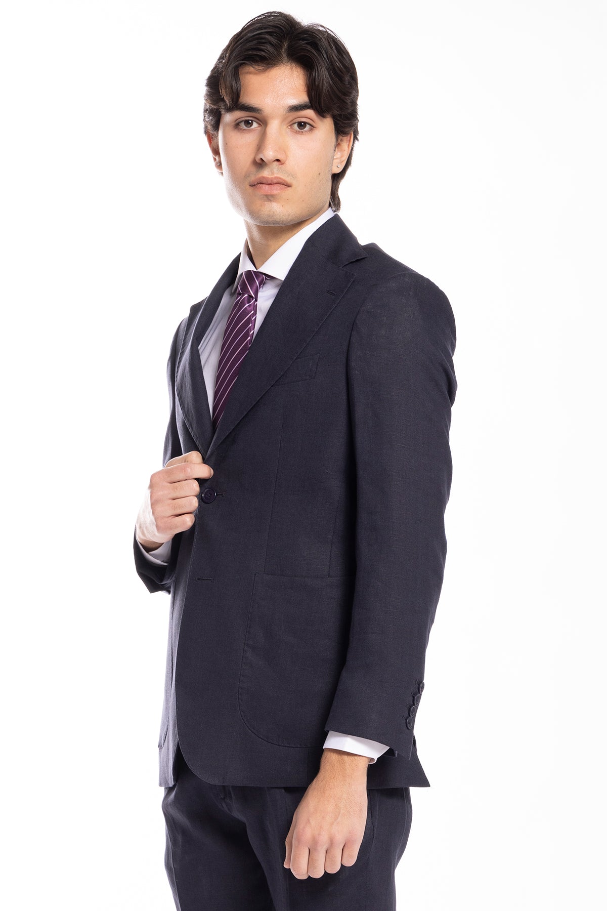 Giacca uomo monopetto Navy blu in lino 100% Rever largo tasche a toppe vestibilità regular fit