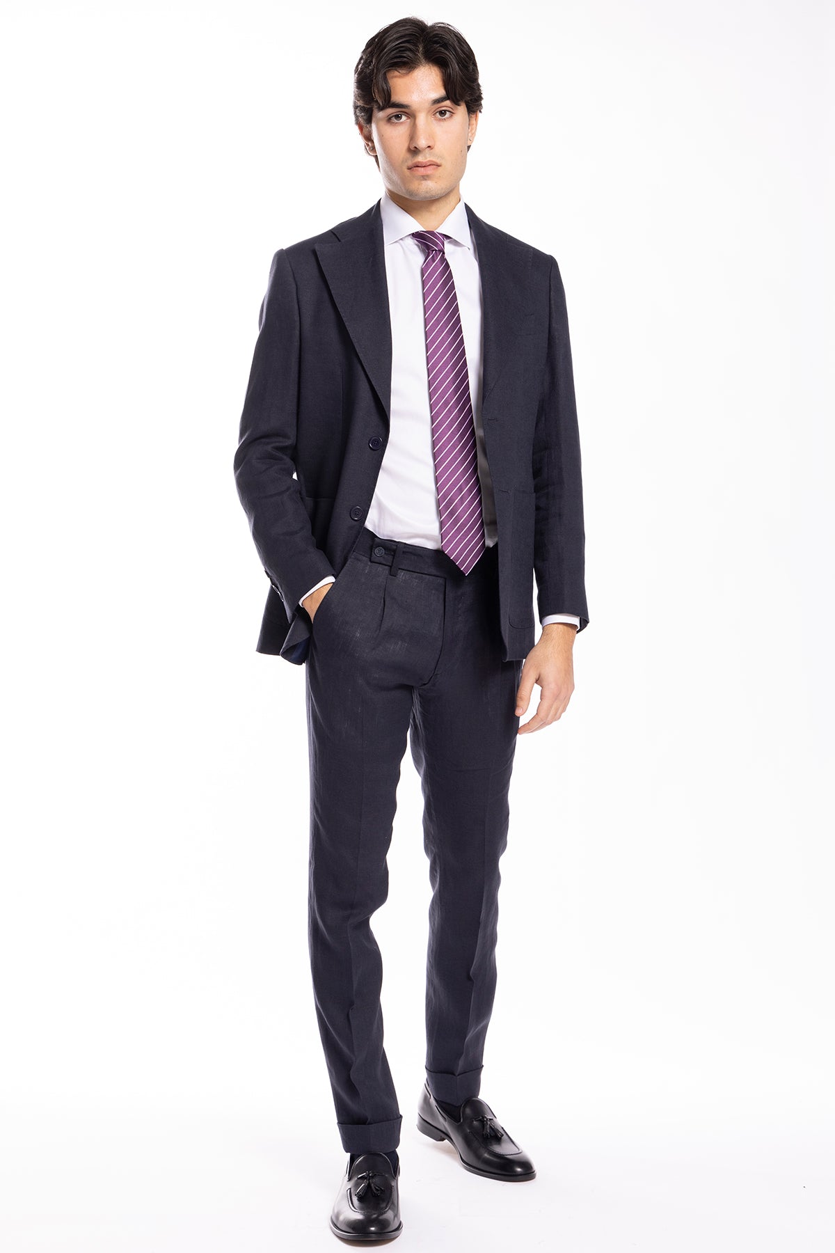 Abito uomo monopetto Navy blu in lino 100% Rever largo tasche a toppe vestibilità regular fit