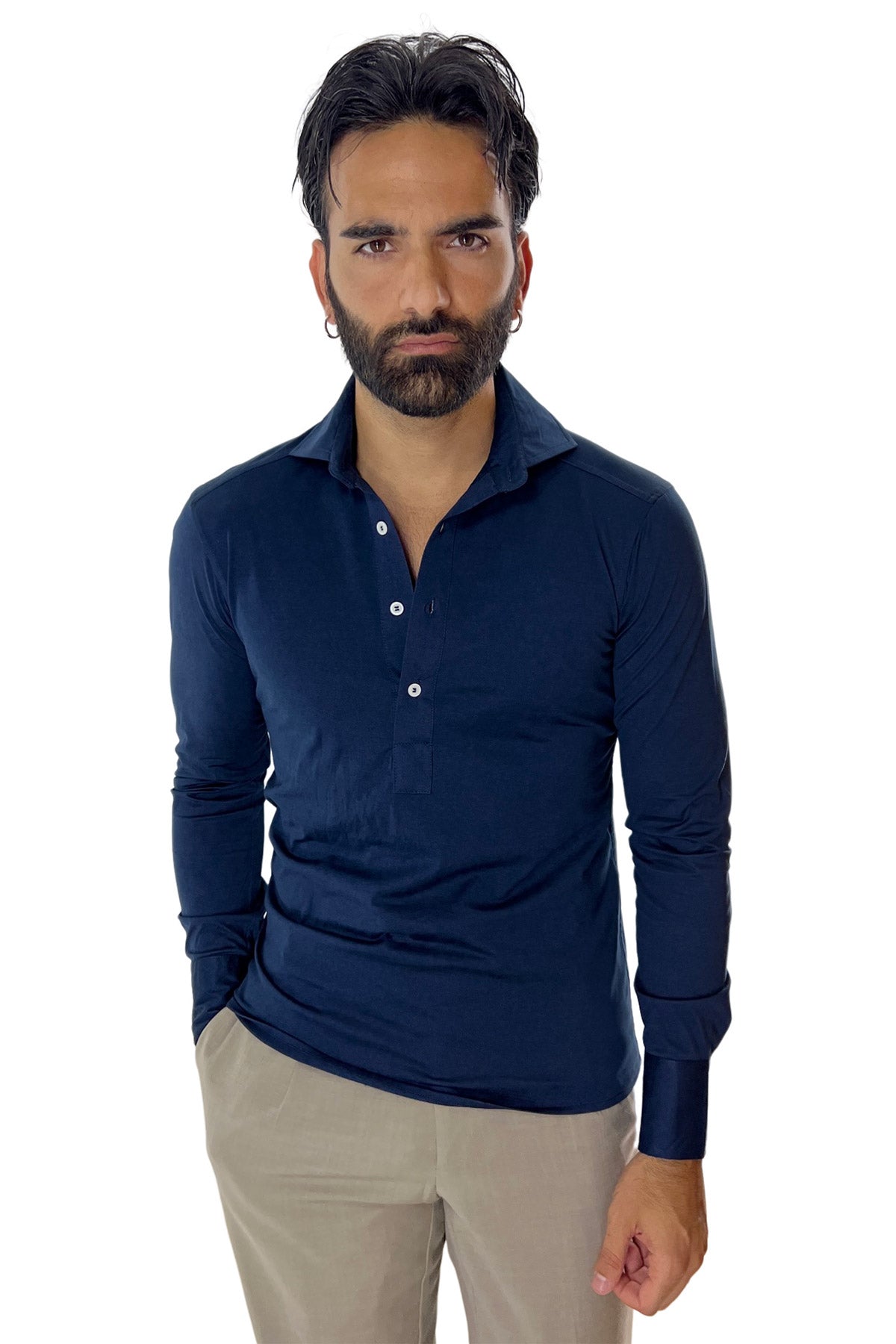 Polo camicia da uomo navy blu  manica lunga in filo di scozia 100% made in italy