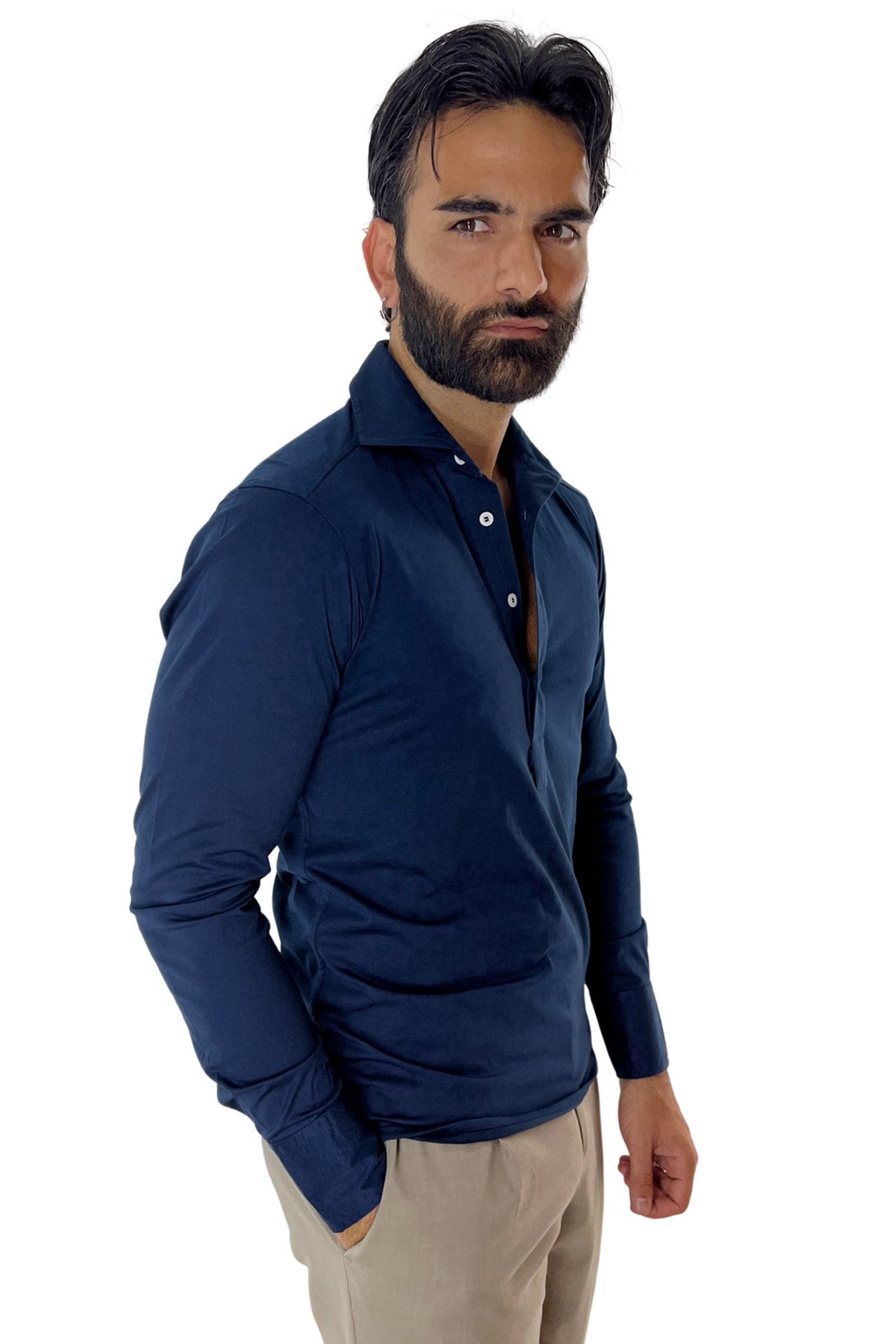 Polo camicia da uomo navy blu  manica lunga in filo di scozia 100% made in italy