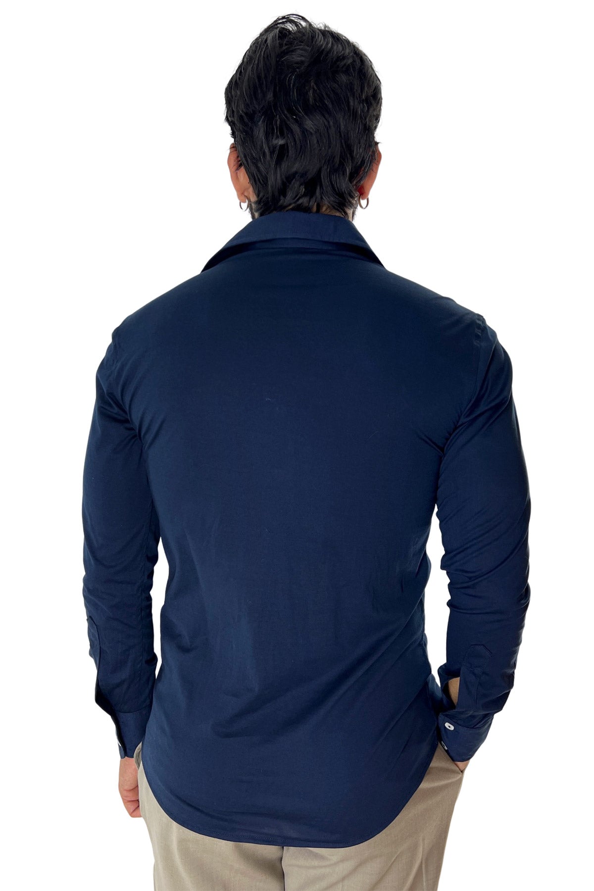 Polo camicia da uomo navy blu  manica lunga in filo di scozia 100% made in italy