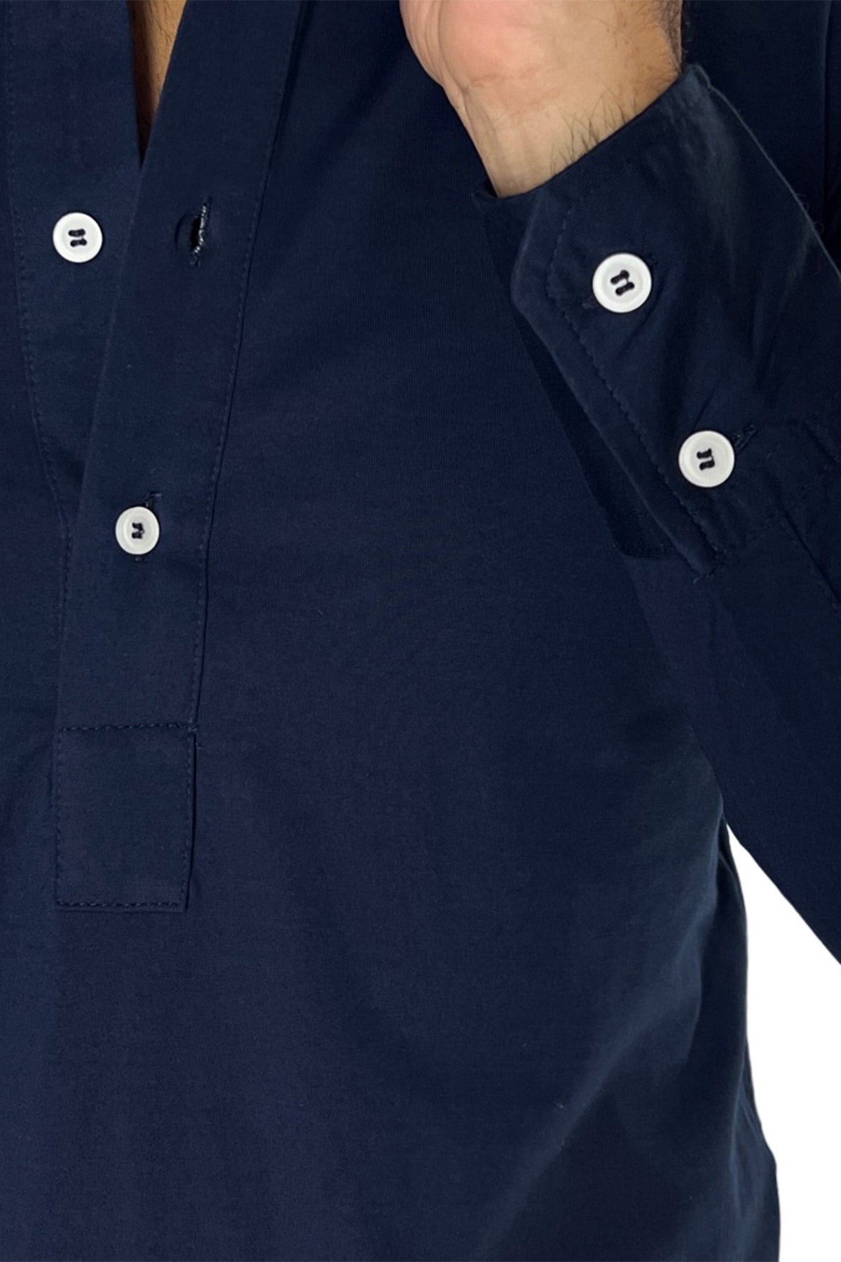 Polo camicia da uomo navy blu  manica lunga in filo di scozia 100% made in italy