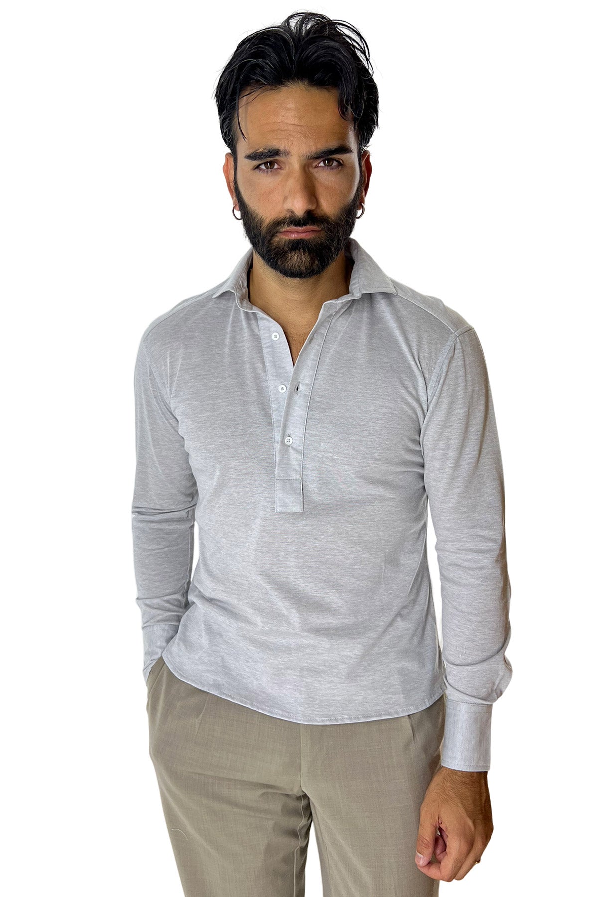 Polo camicia da uomo grigio chiaro trattamento stone wash manica lunga in piquet cotone 100% Canclini