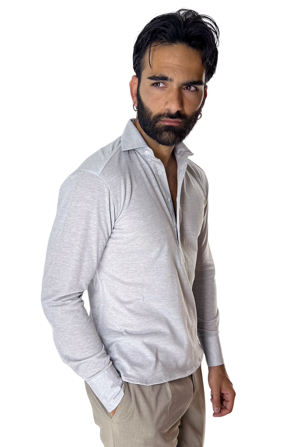 Polo camicia da uomo grigio chiaro trattamento stone wash manica lunga in piquet cotone 100% Canclini