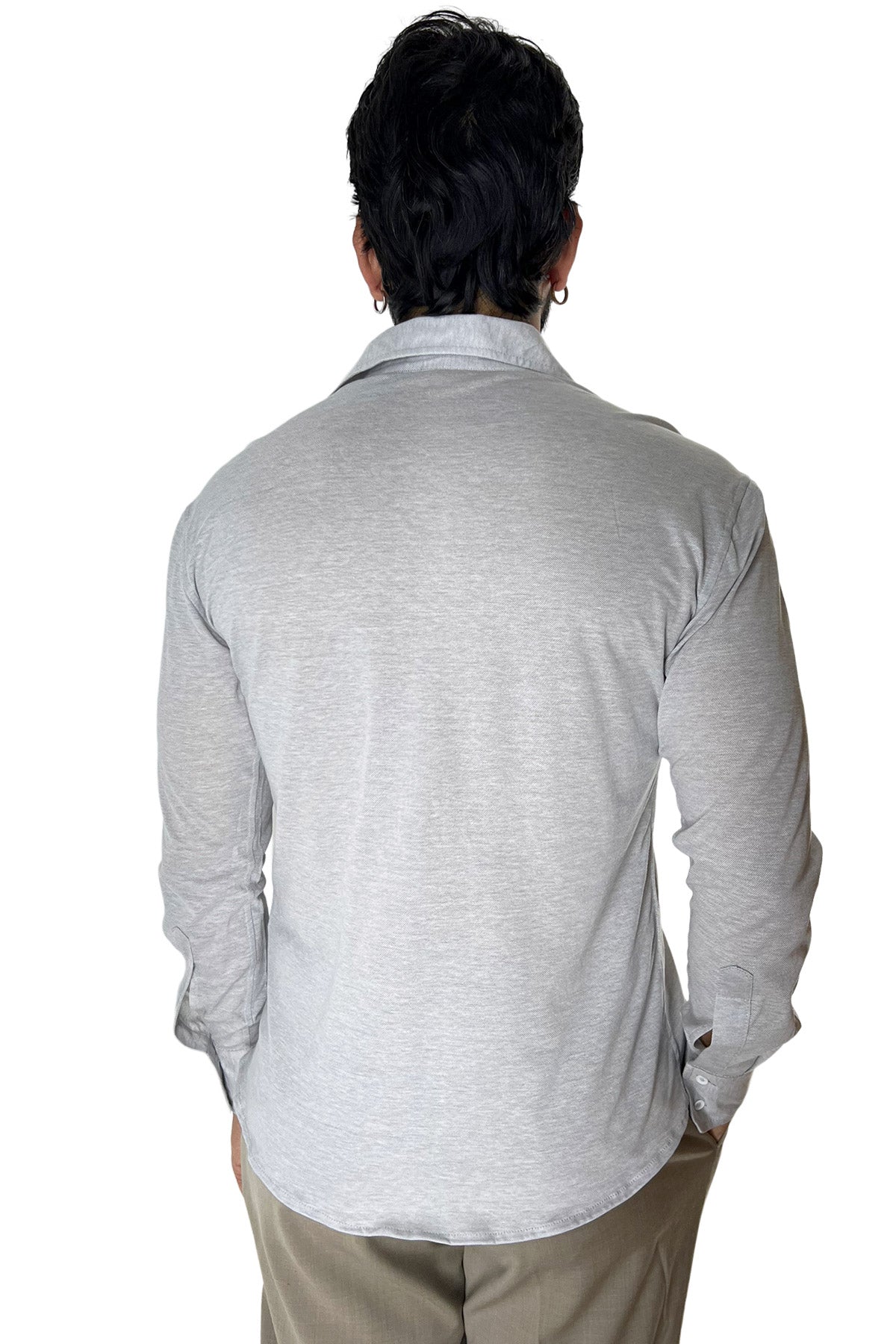 Polo camicia da uomo grigio chiaro trattamento stone wash manica lunga in piquet cotone 100% Canclini