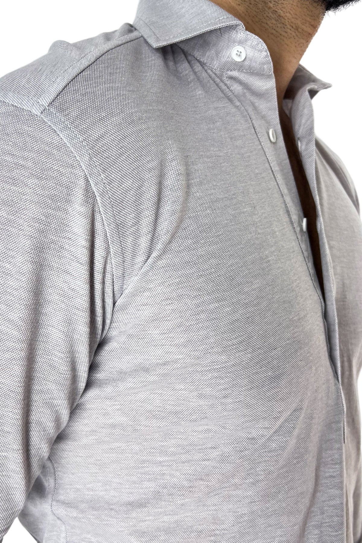 Polo camicia da uomo grigio chiaro trattamento stone wash manica lunga in piquet cotone 100% Canclini