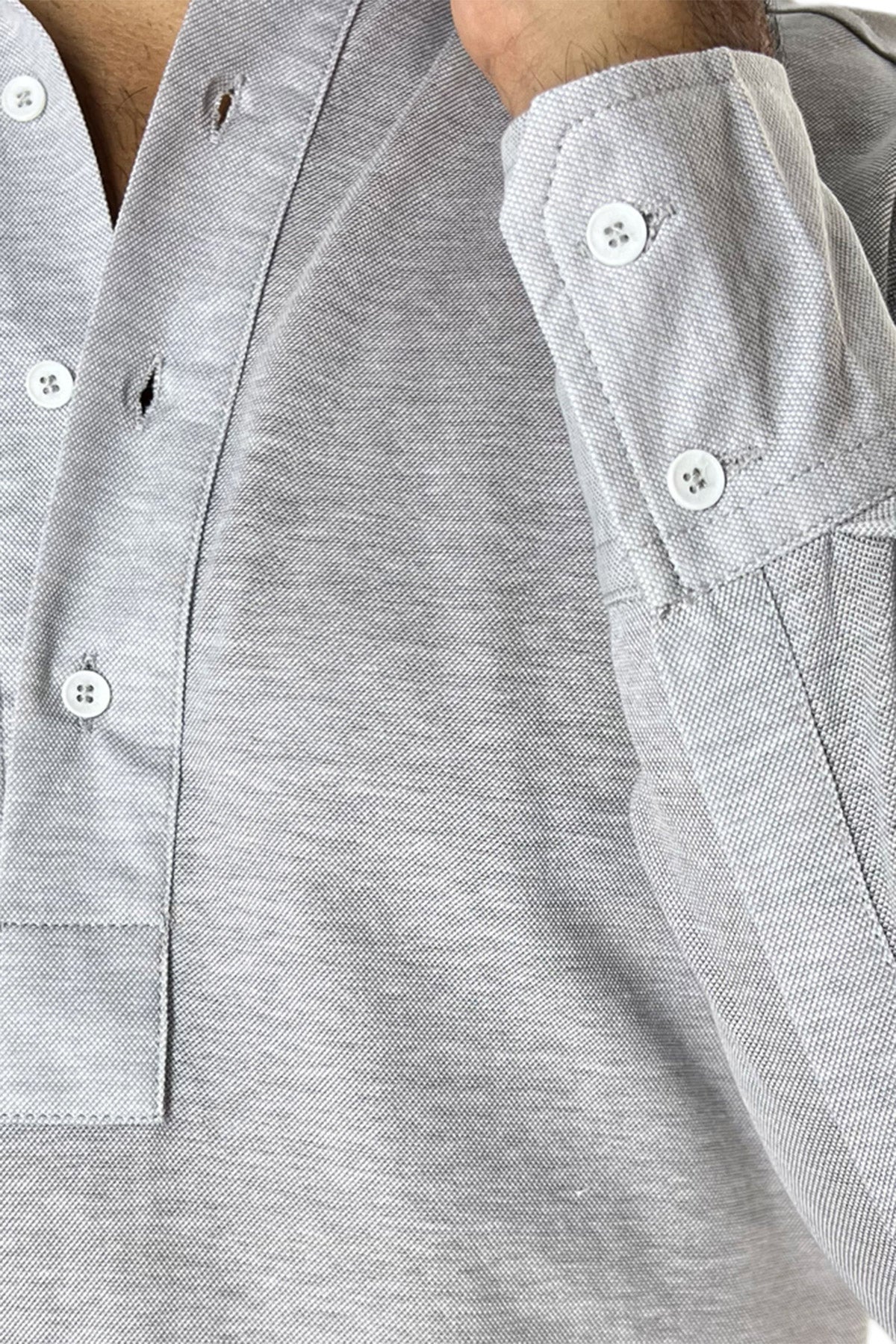 Polo camicia da uomo grigio chiaro trattamento stone wash manica lunga in piquet cotone 100% Canclini