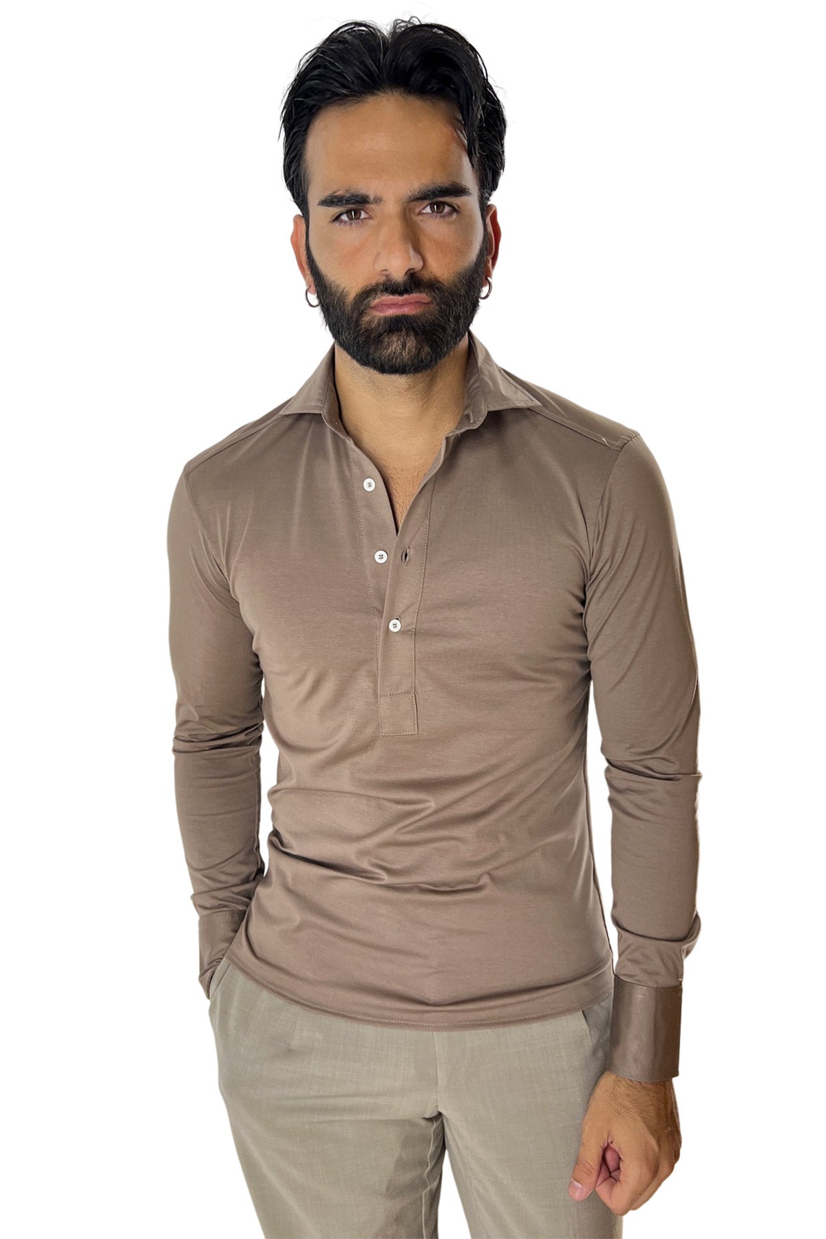 Polo camicia da uomo fango manica lunga in filo di scozia 100% made in italy