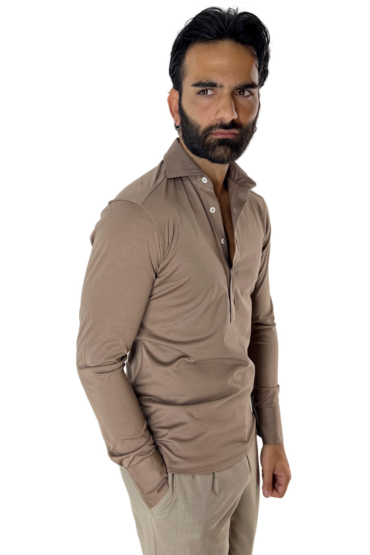 Polo camicia da uomo fango manica lunga in filo di scozia 100% made in italy