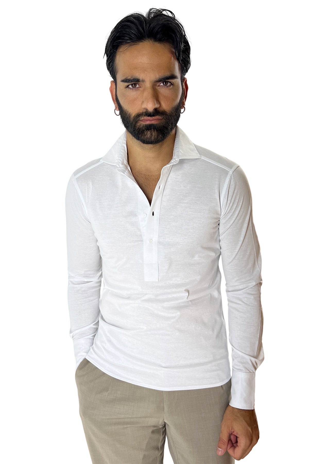Polo camicia da uomo bianca manica lunga in filo di scozia 100% made in italy