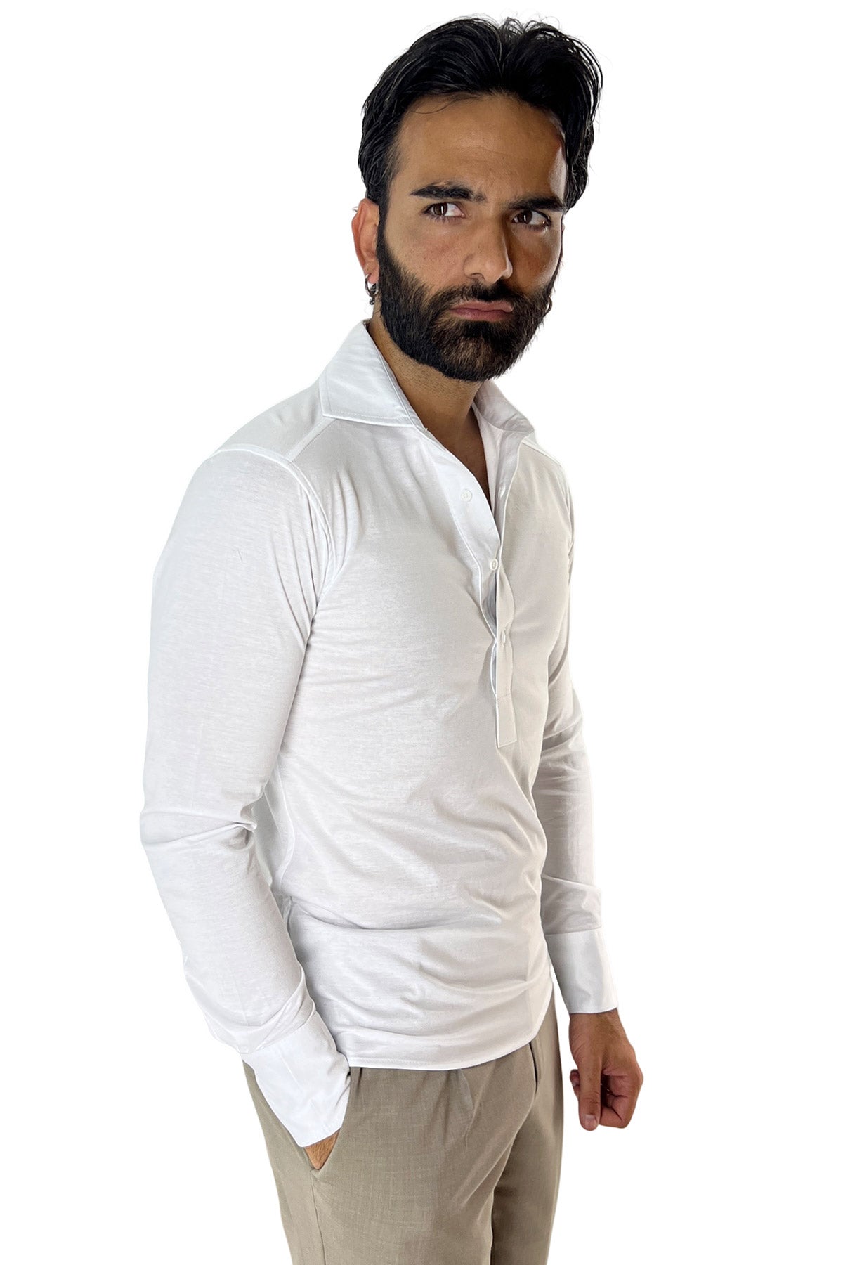 Polo camicia da uomo bianca manica lunga in filo di scozia 100% made in italy