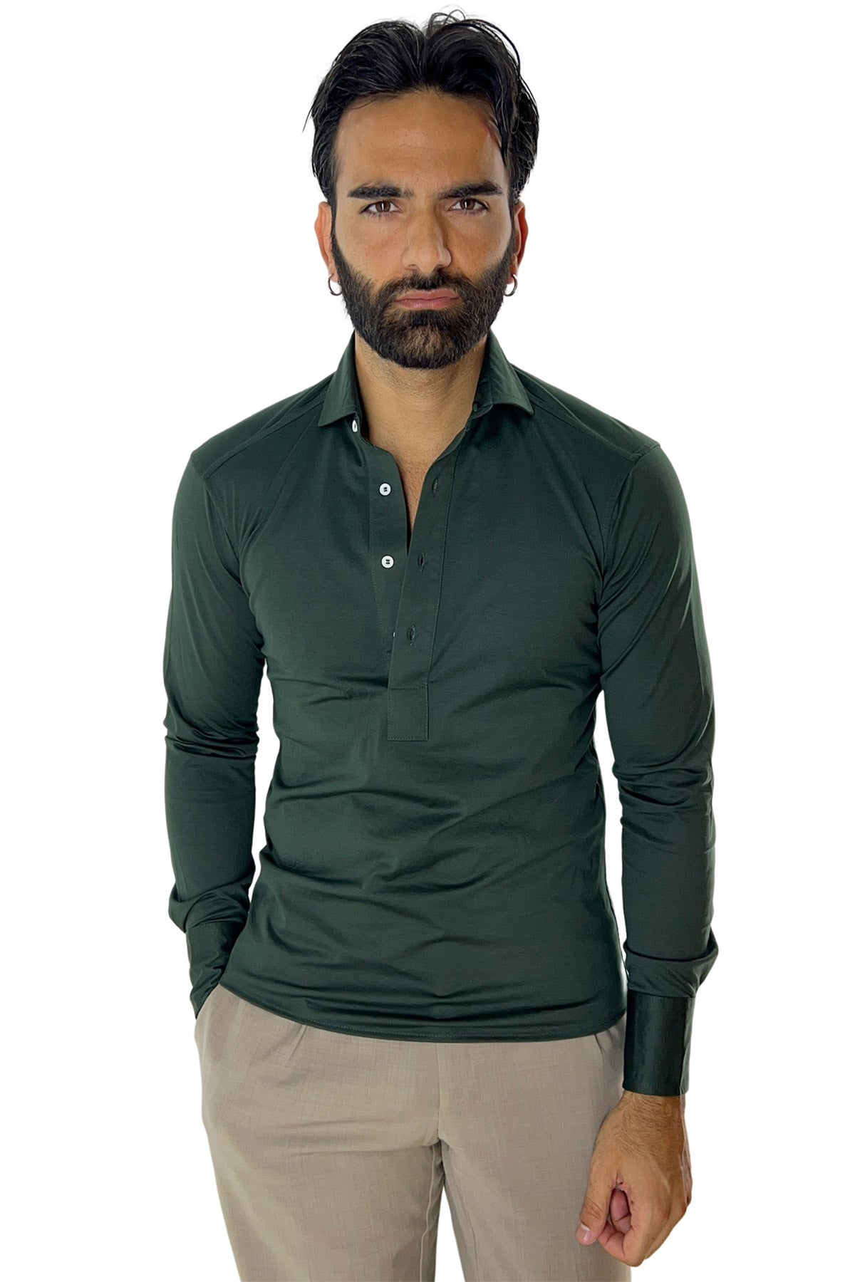 Polo camicia da uomo verde bottiglia manica lunga in filo di scozia 100% made in italy