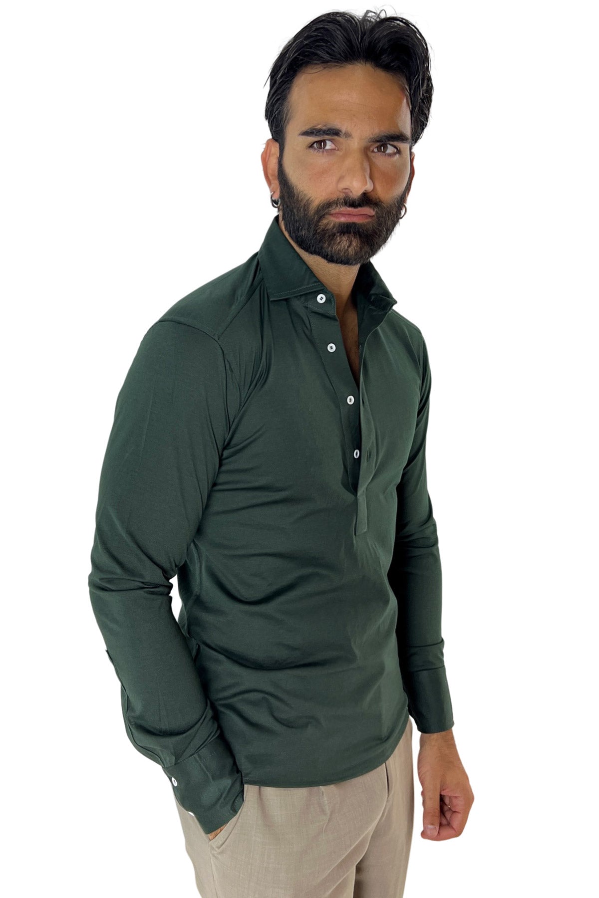 Polo camicia da uomo verde bottiglia manica lunga in filo di scozia 100% made in italy