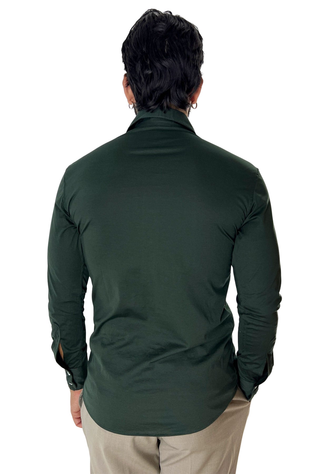 Polo camicia da uomo verde bottiglia manica lunga in filo di scozia 100% made in italy