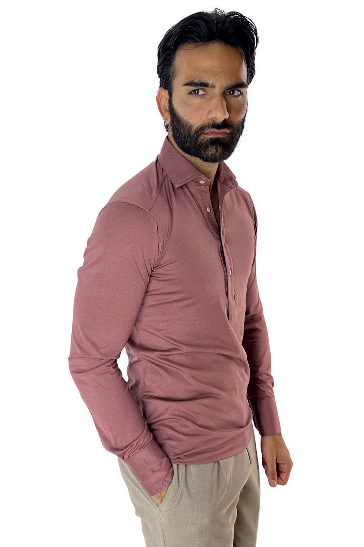 Polo camicia da uomo rosa antico manica lunga in filo di scozia 100% made in italy