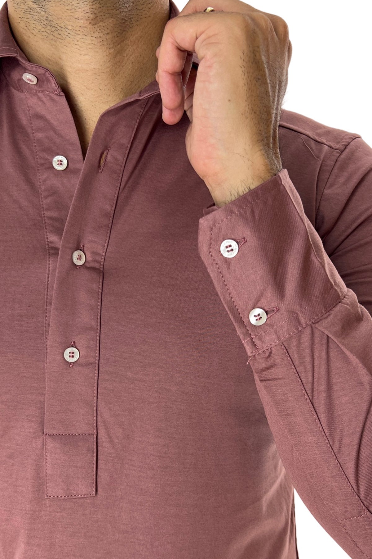 Polo camicia da uomo rosa antico manica lunga in filo di scozia 100% made in italy