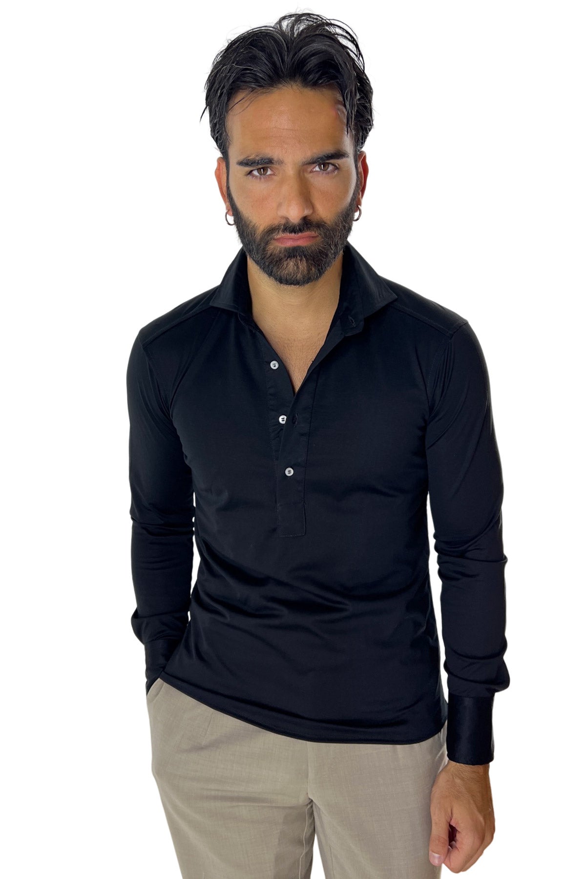 Polo camicia da uomo nera manica lunga in filo di scozia 100% made in italy