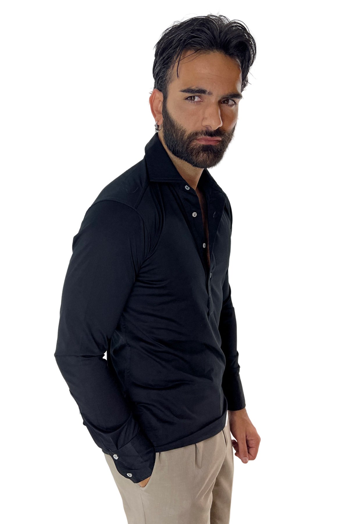 Polo camicia da uomo nera manica lunga in filo di scozia 100% made in italy