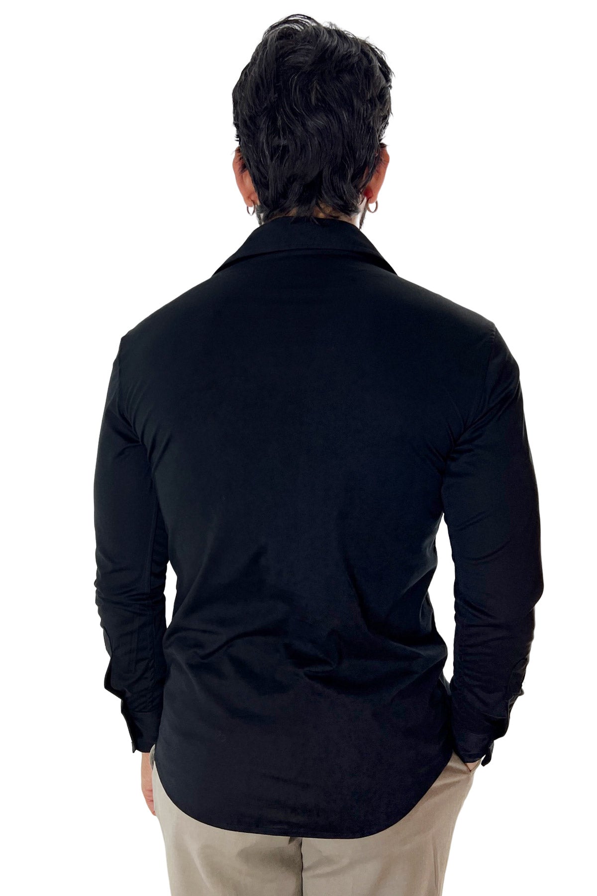 Polo camicia da uomo nera manica lunga in filo di scozia 100% made in italy
