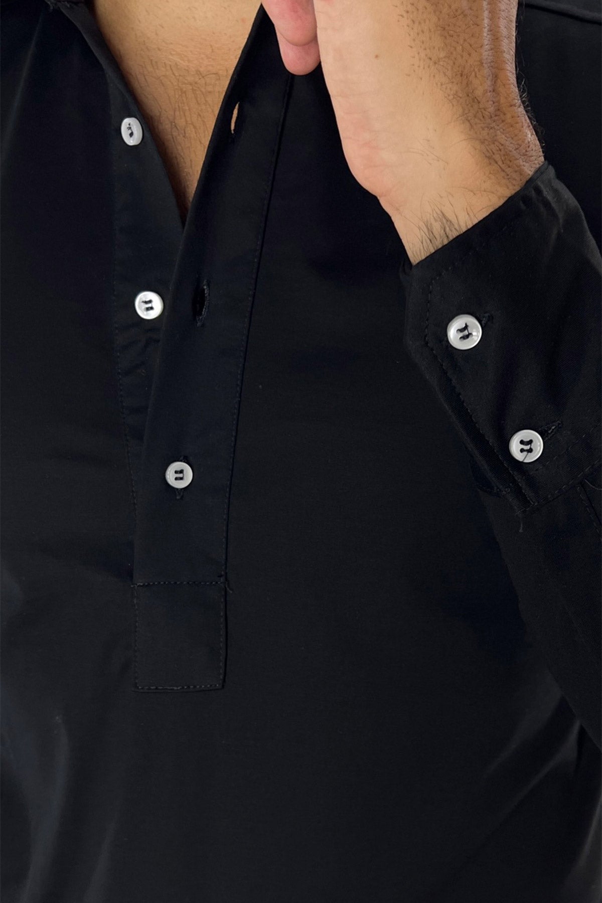 Polo camicia da uomo nera manica lunga in filo di scozia 100% made in italy