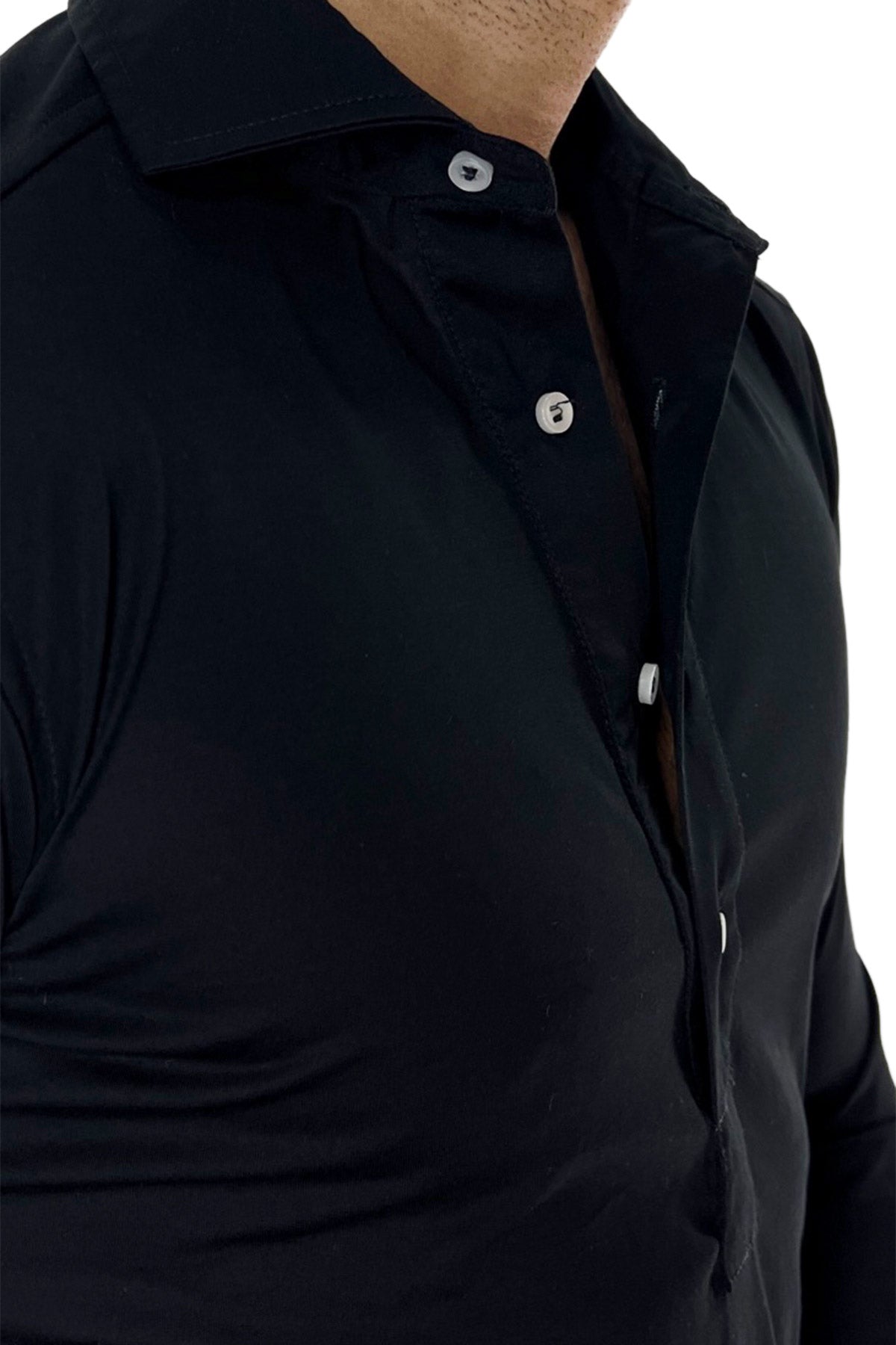 Polo camicia da uomo nera manica lunga in filo di scozia 100% made in italy