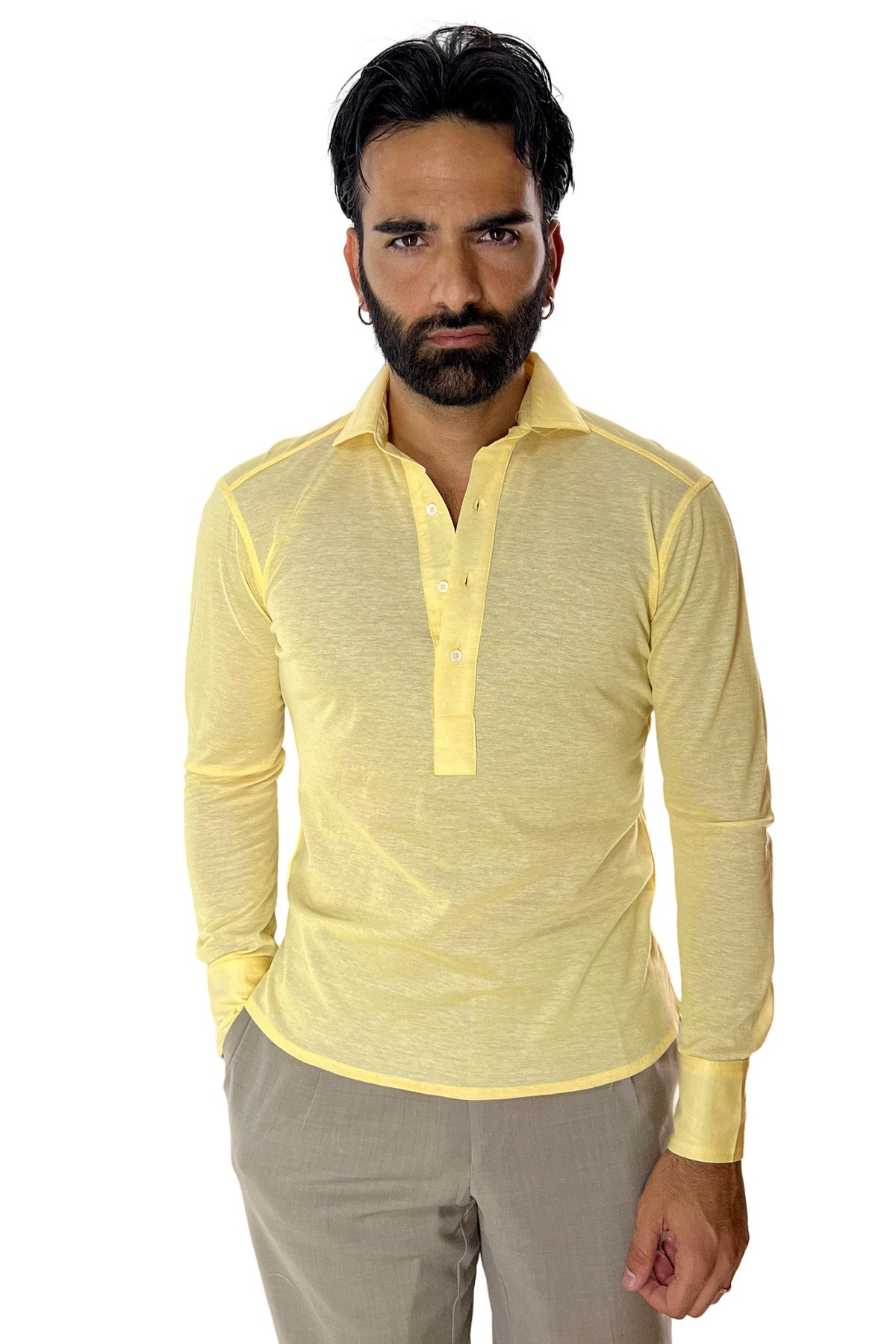 Polo camicia da uomo gialla trattamento stone wash manica lunga in piquet cotone 100% Canclini