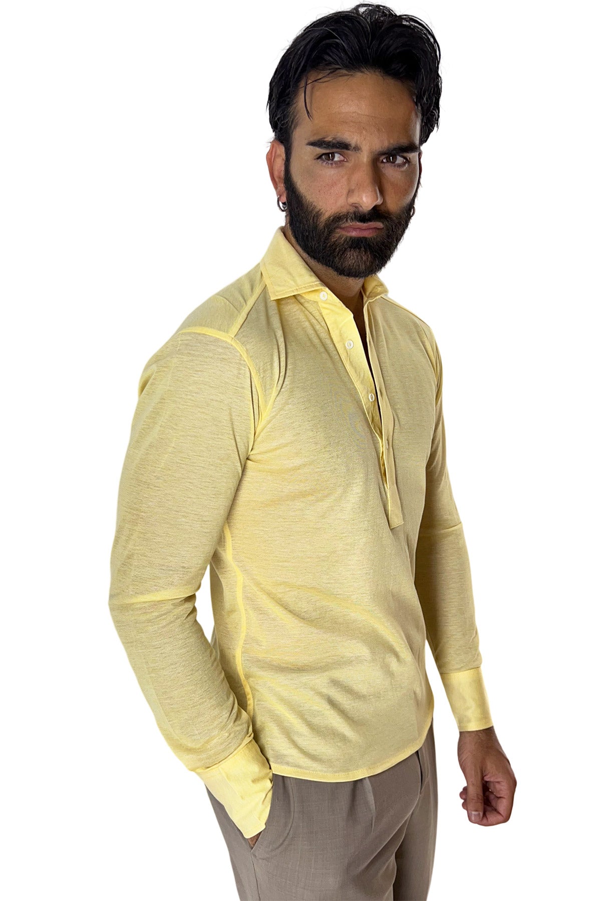 Polo camicia da uomo gialla trattamento stone wash manica lunga in piquet cotone 100% Canclini