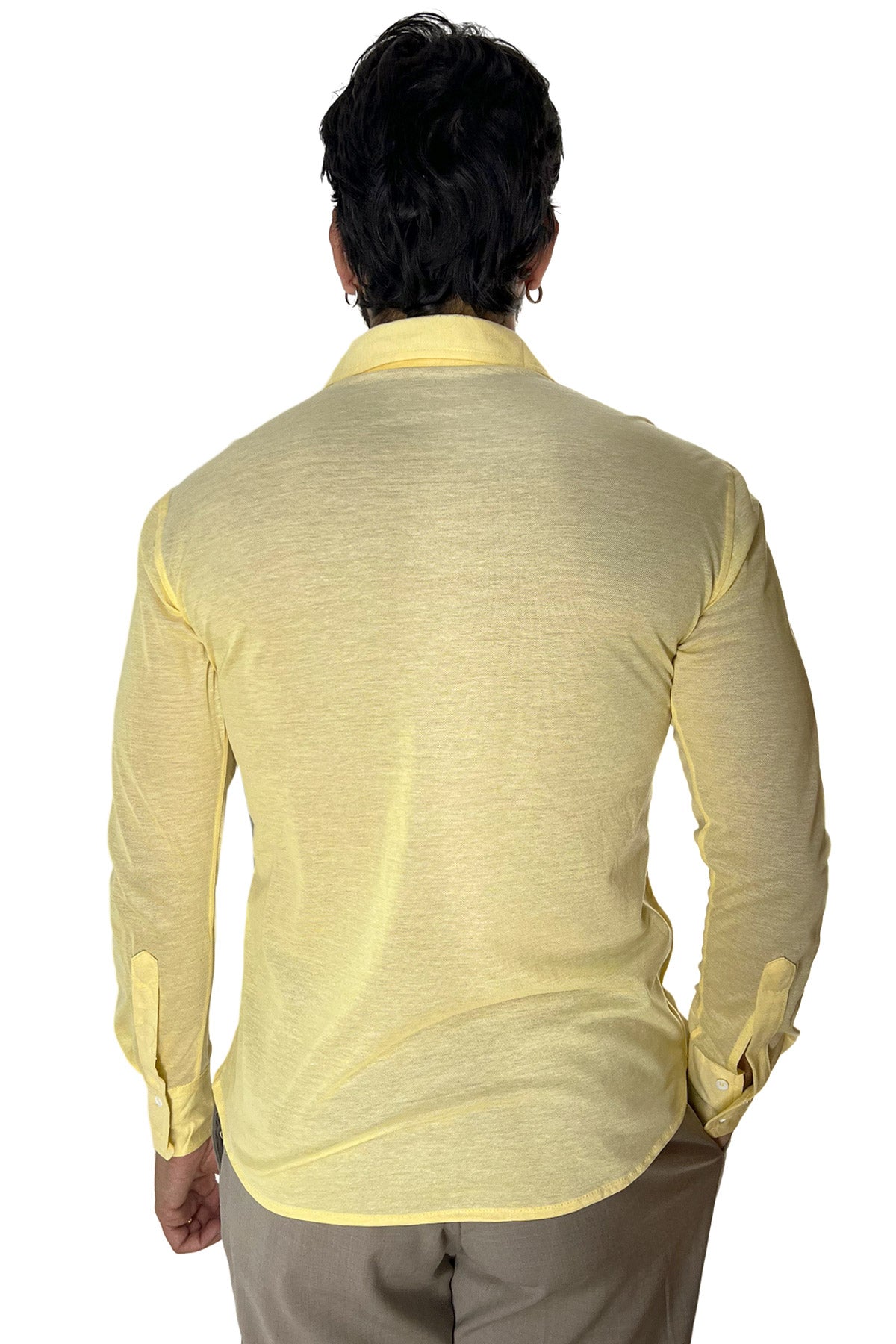 Polo camicia da uomo gialla trattamento stone wash manica lunga in piquet cotone 100% Canclini