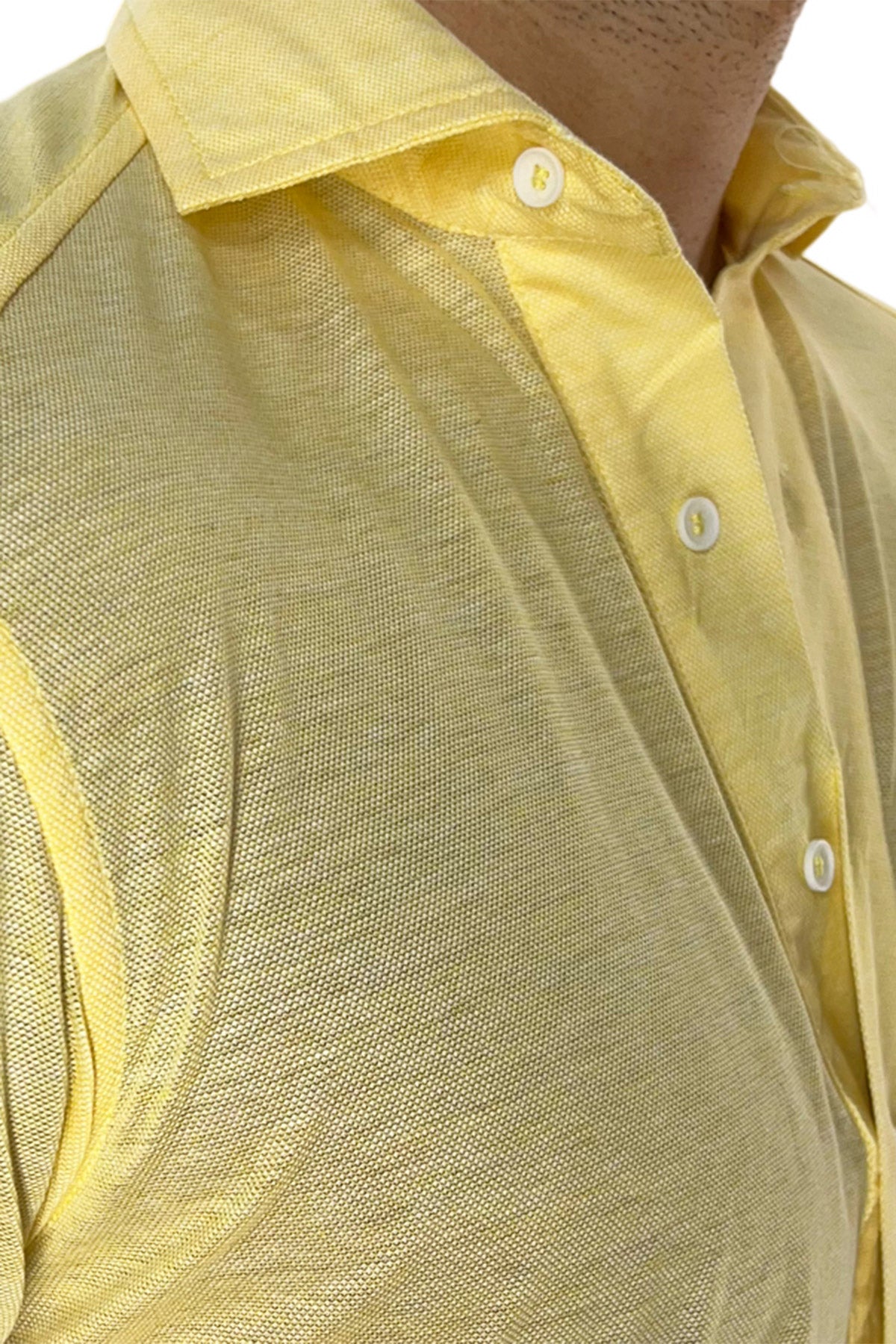 Polo camicia da uomo gialla trattamento stone wash manica lunga in piquet cotone 100% Canclini