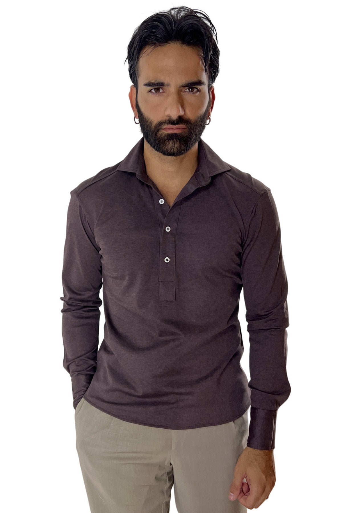 Polo camicia da uomo marrone trattamento stone wash manica lunga in piquet cotone 100% Canclini