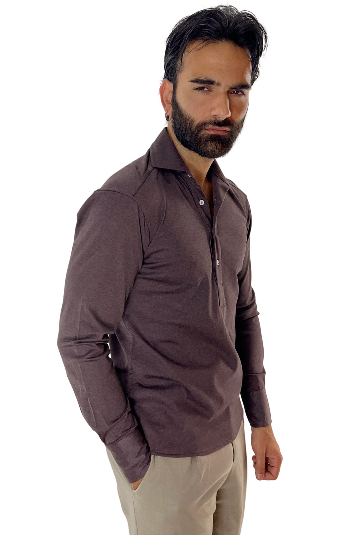 Polo camicia da uomo marrone trattamento stone wash manica lunga in piquet cotone 100% Canclini