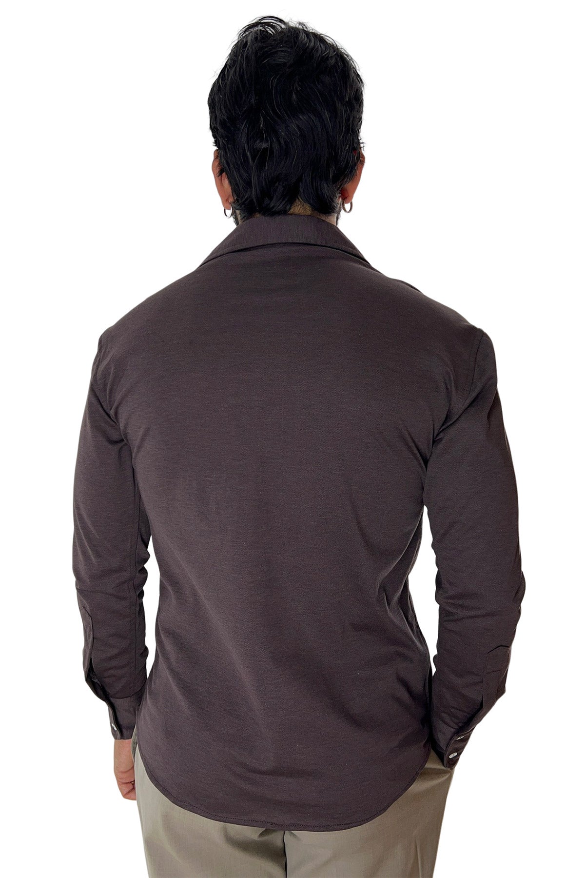 Polo camicia da uomo marrone trattamento stone wash manica lunga in piquet cotone 100% Canclini