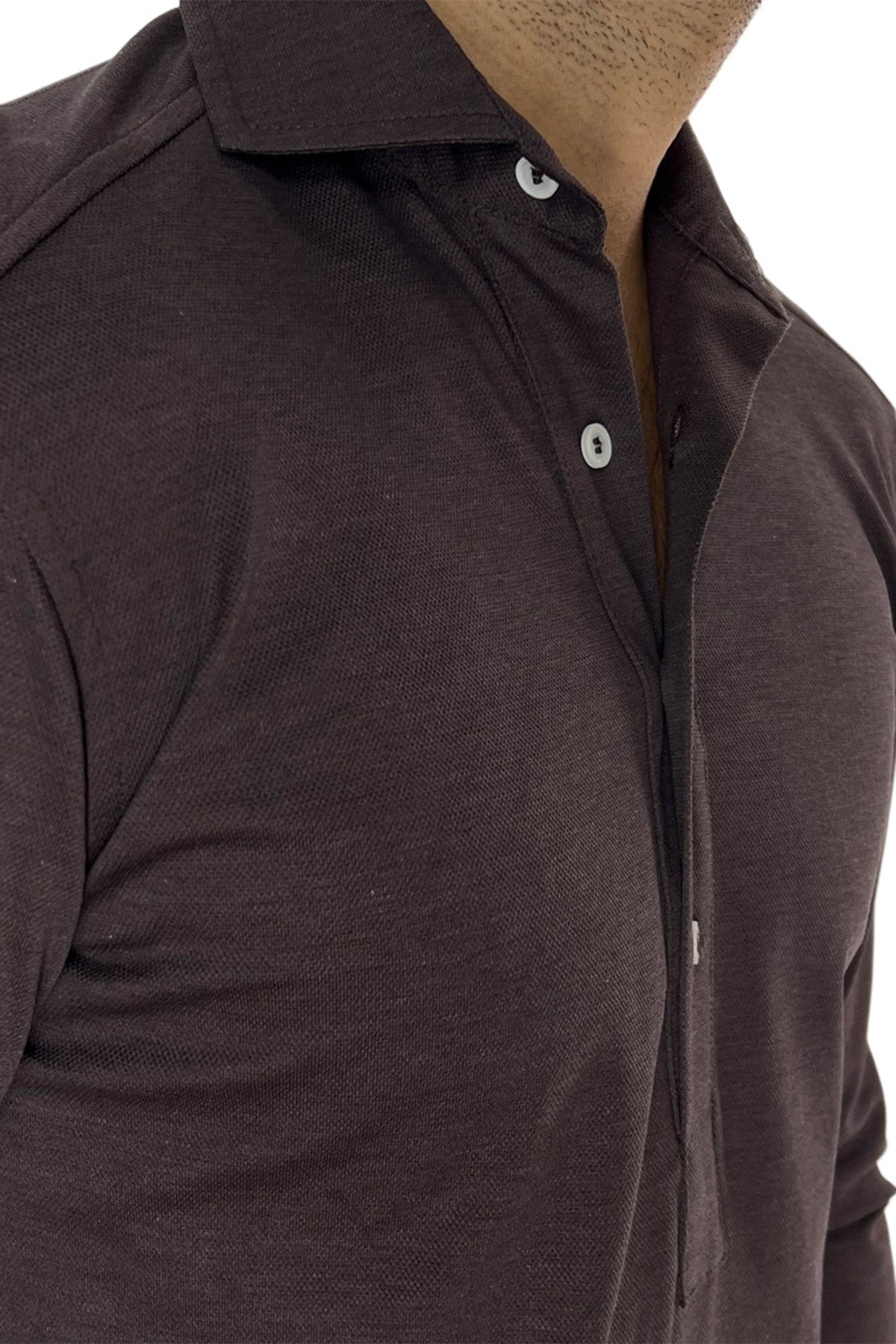 Polo camicia da uomo marrone trattamento stone wash manica lunga in piquet cotone 100% Canclini