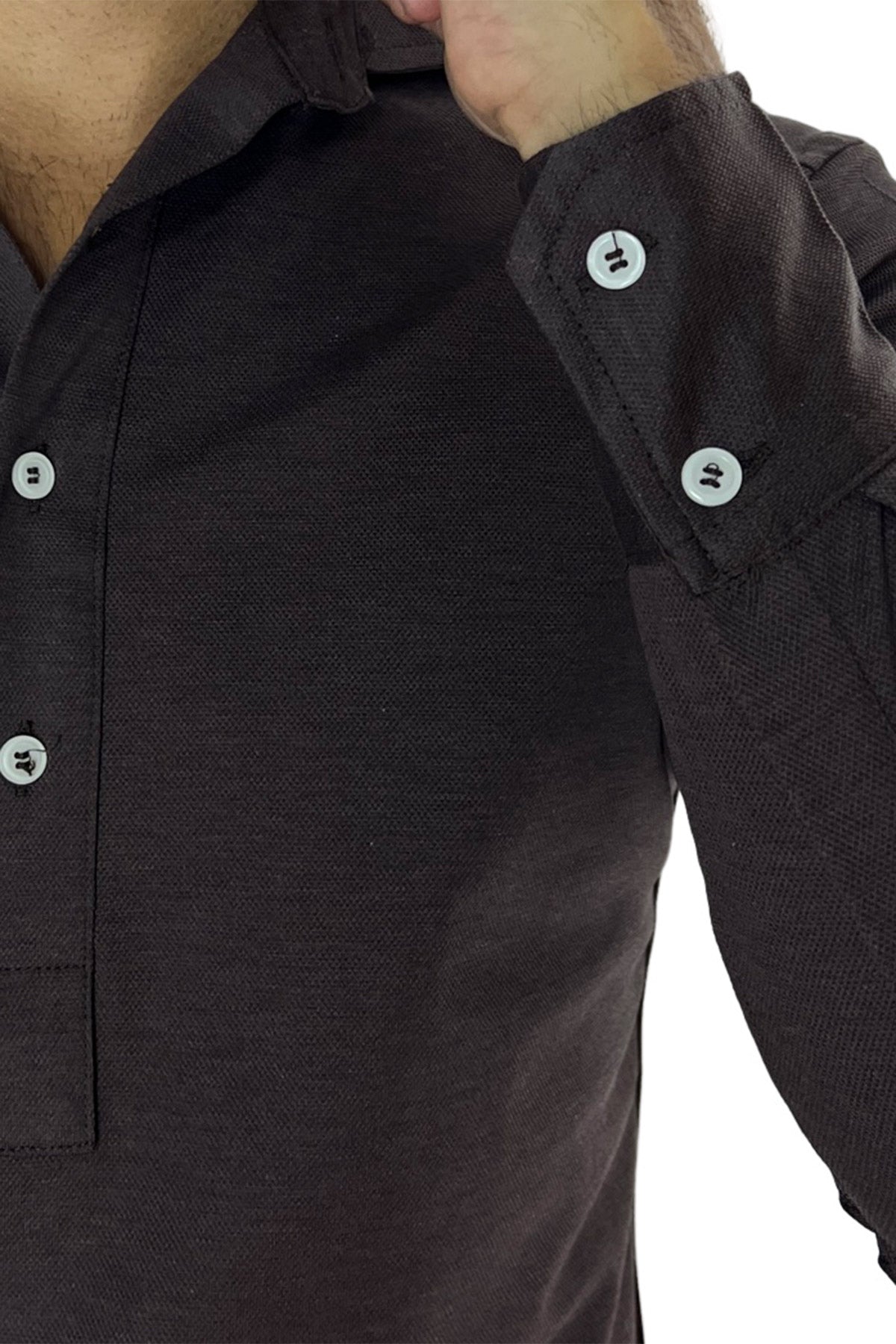 Polo camicia da uomo marrone trattamento stone wash manica lunga in piquet cotone 100% Canclini