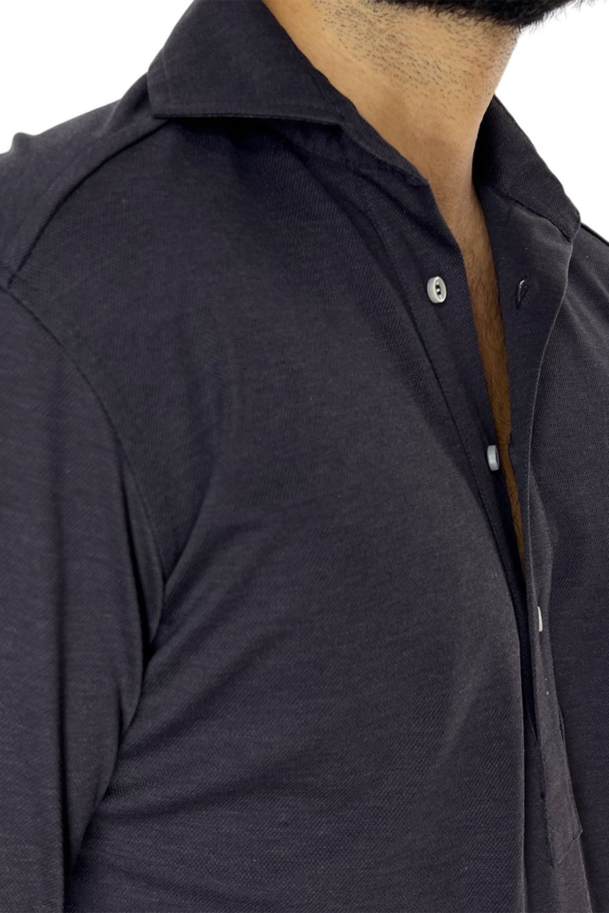 Polo camicia da uomo grigio scuro trattamento stone wash manica lunga in piquet cotone 100% Canclini