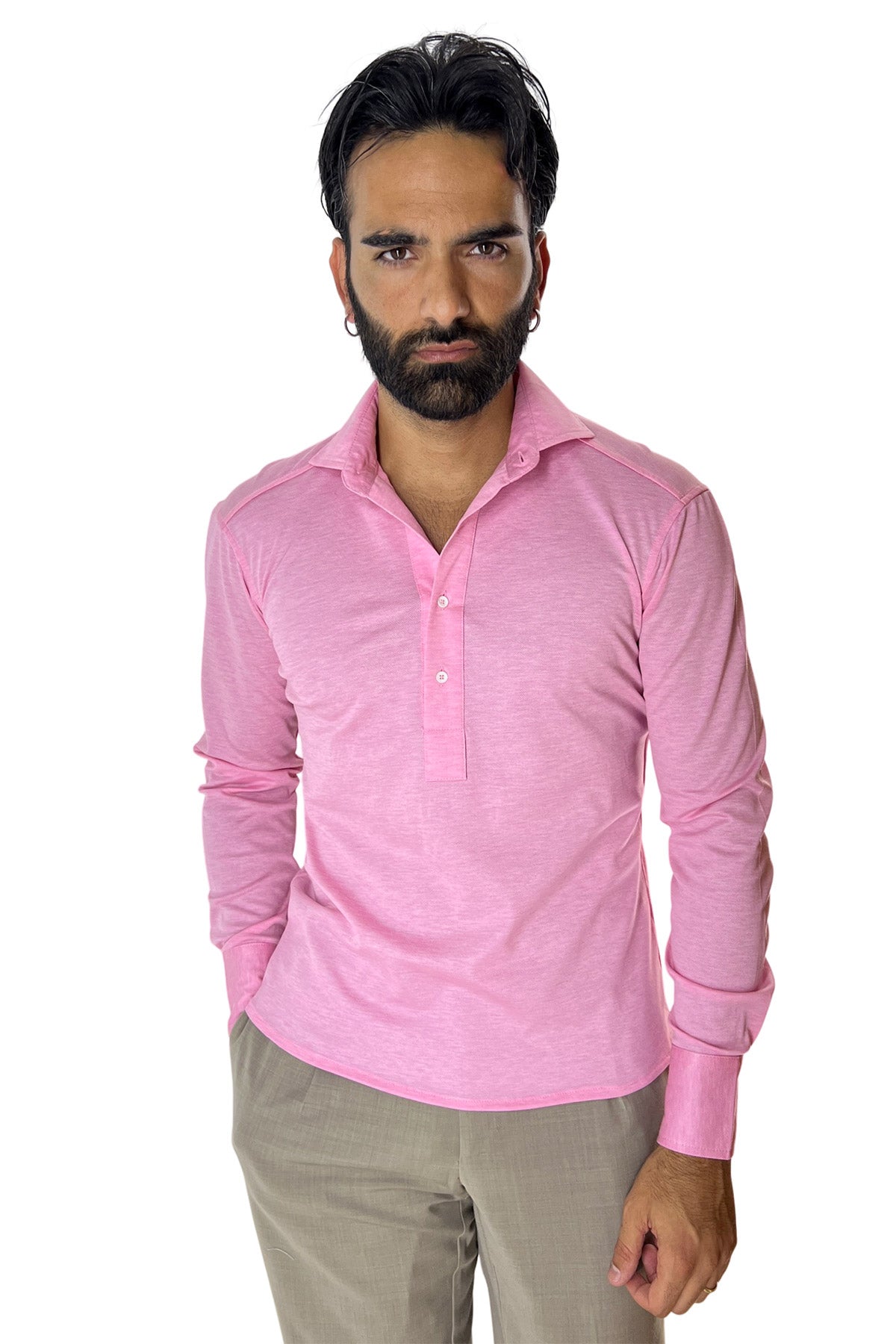 Polo camicia da uomo rosa trattamento stone wash manica lunga in piquet cotone 100% Canclini