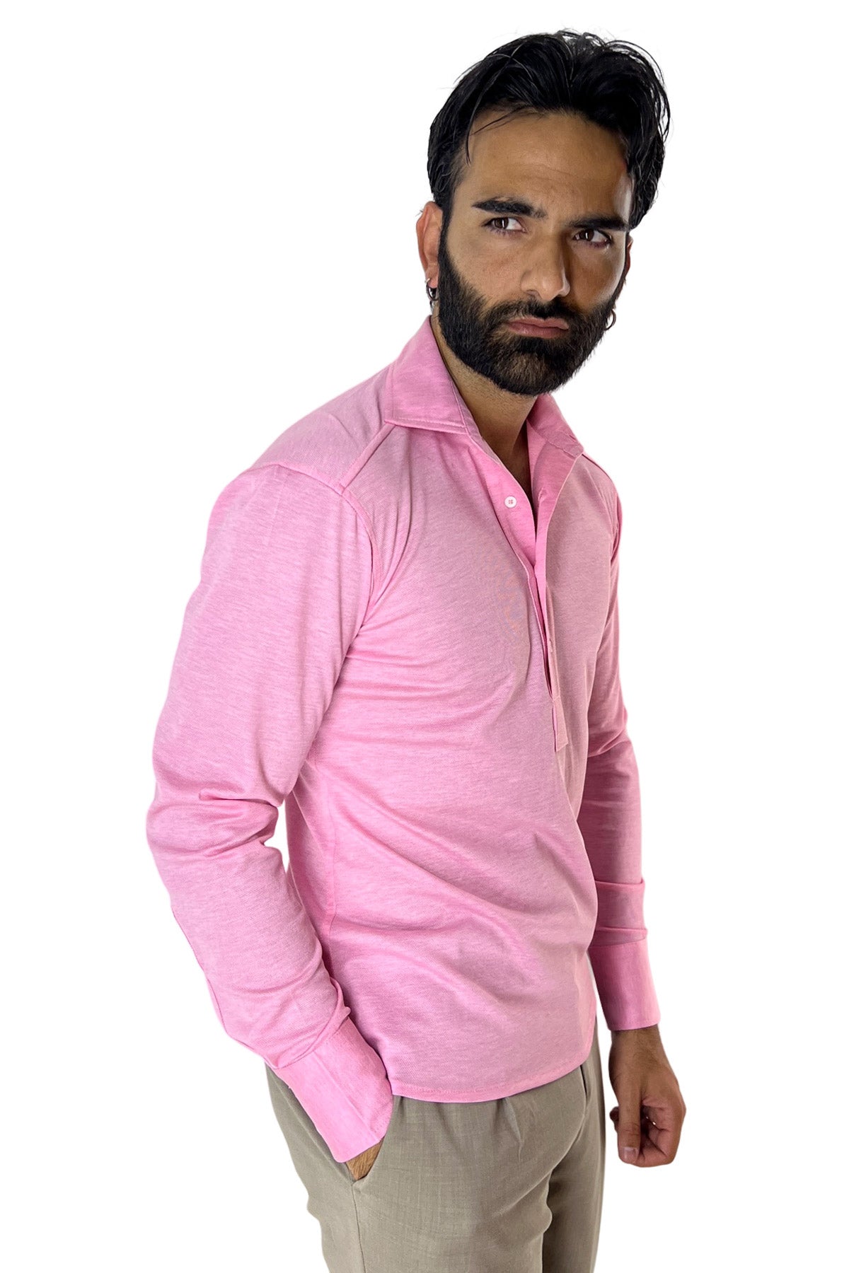 Polo camicia da uomo rosa trattamento stone wash manica lunga in piquet cotone 100% Canclini