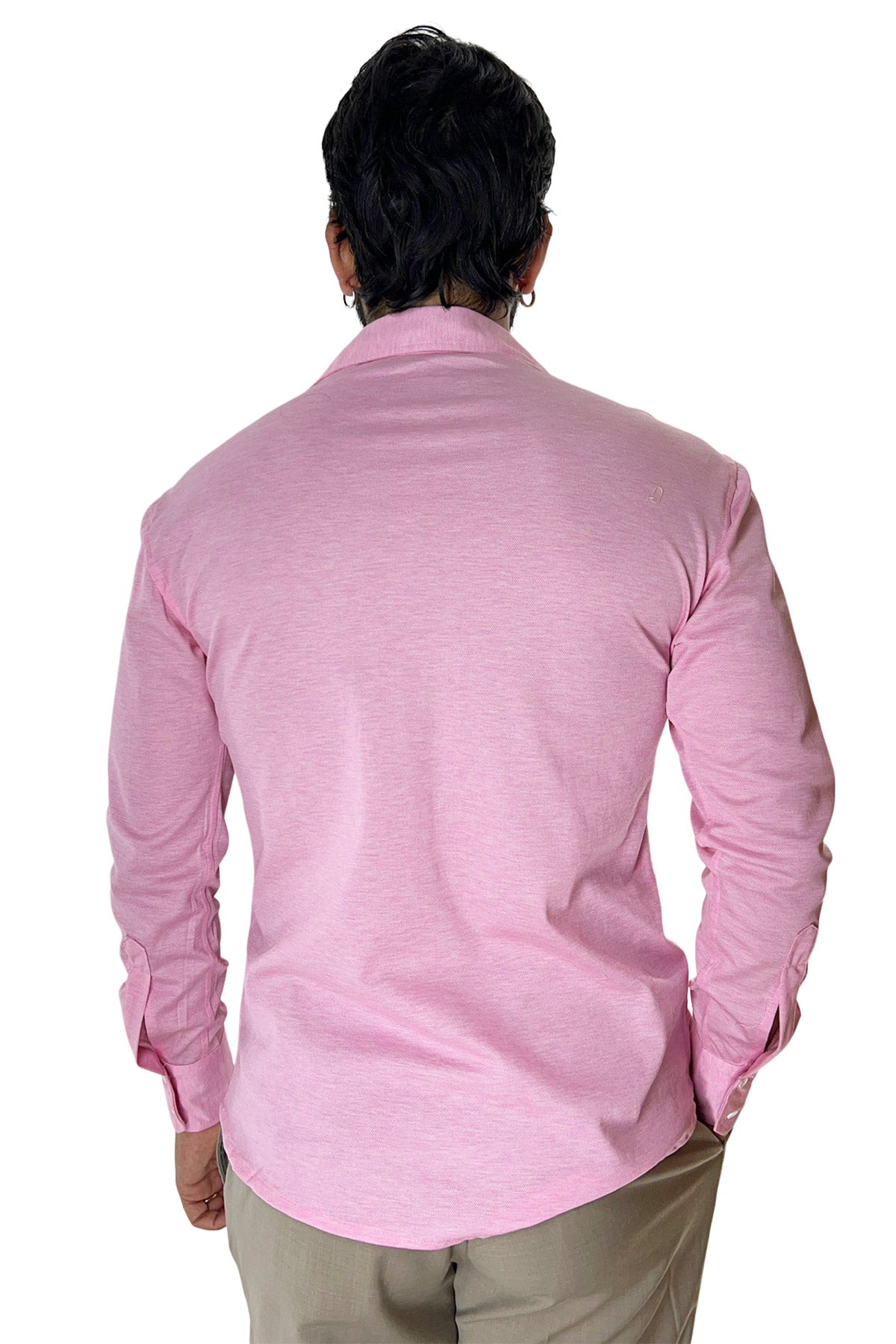 Polo camicia da uomo rosa trattamento stone wash manica lunga in piquet cotone 100% Canclini