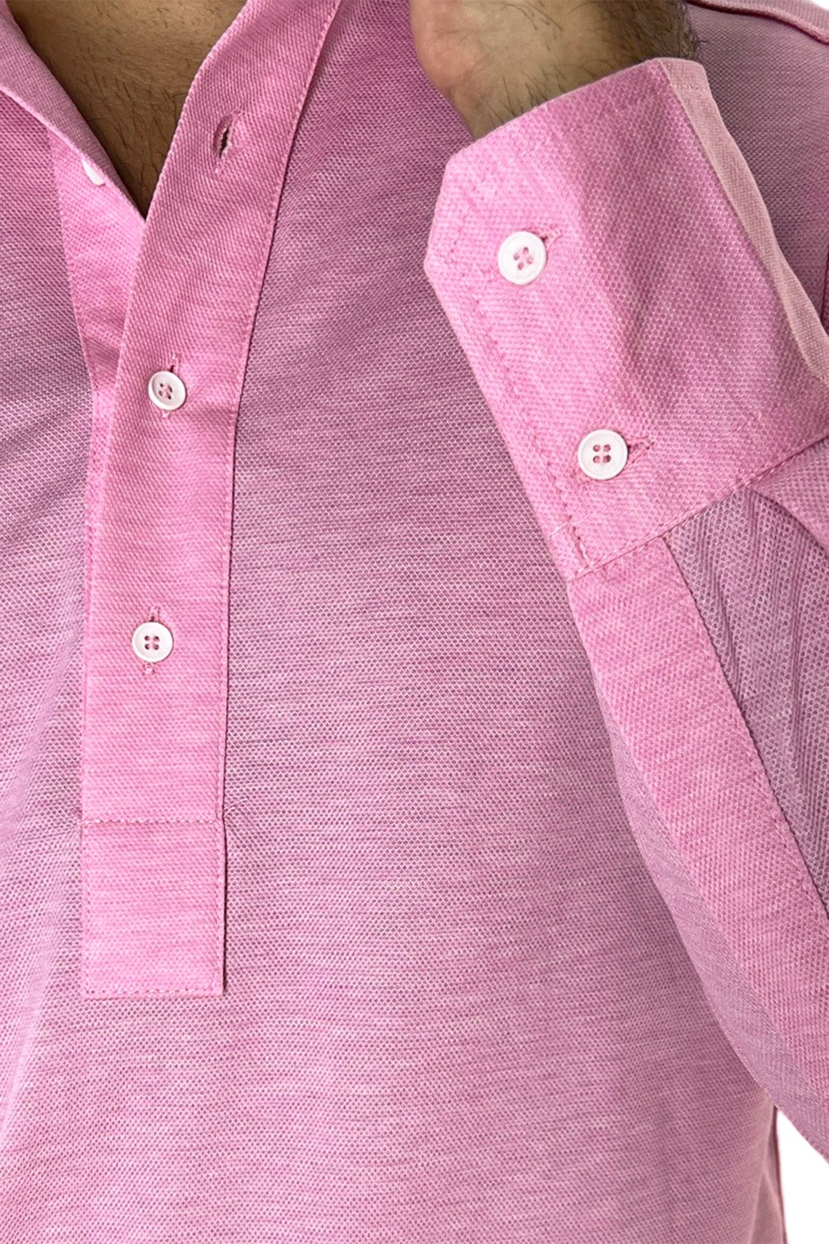 Polo camicia da uomo rosa trattamento stone wash manica lunga in piquet cotone 100% Canclini