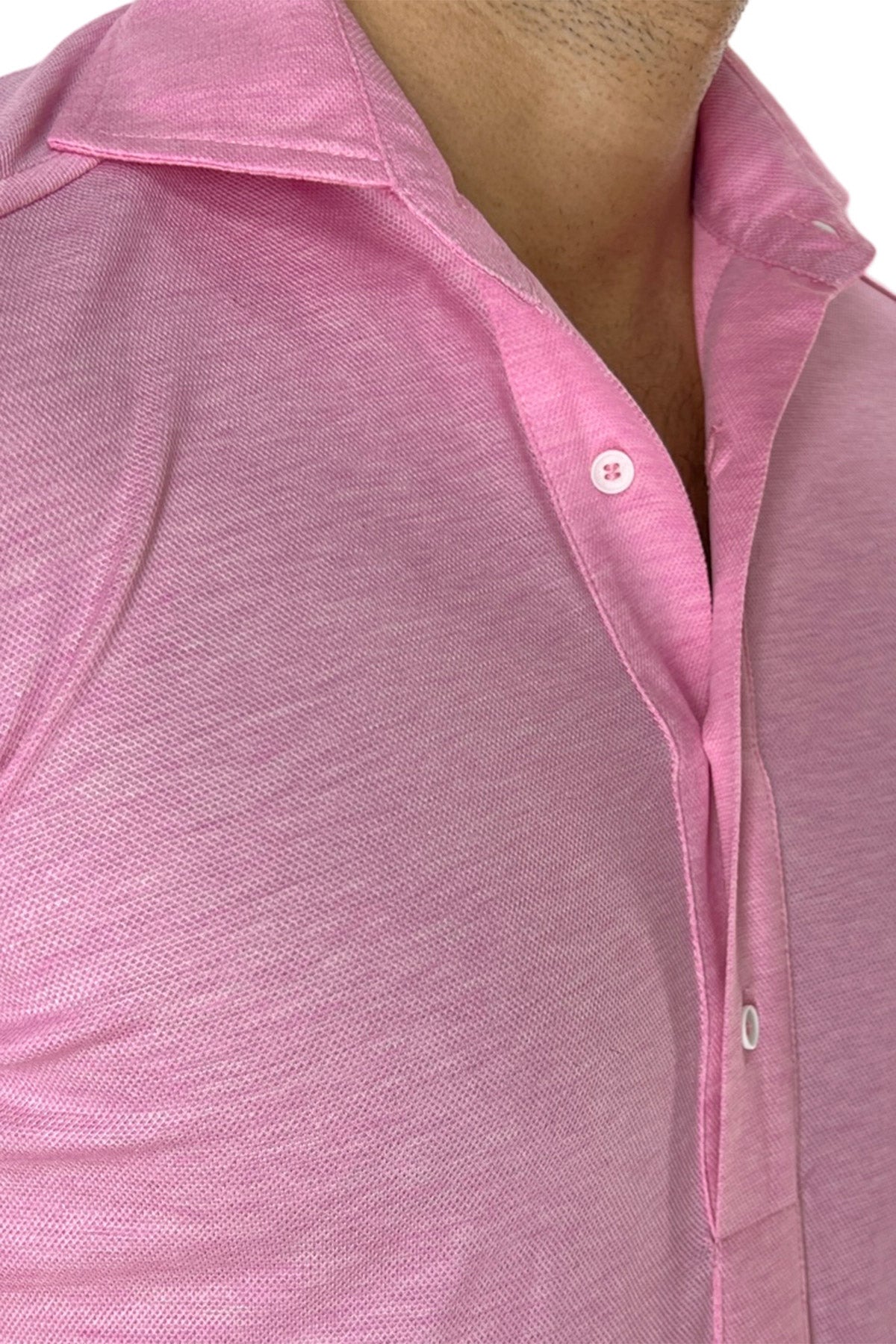Polo camicia da uomo rosa trattamento stone wash manica lunga in piquet cotone 100% Canclini