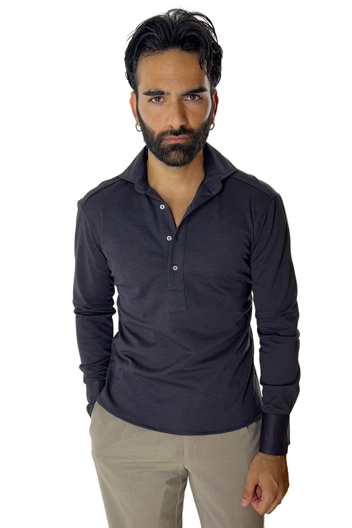 Polo camicia da uomo grigio scuro trattamento stone wash manica lunga in piquet cotone 100% Canclini