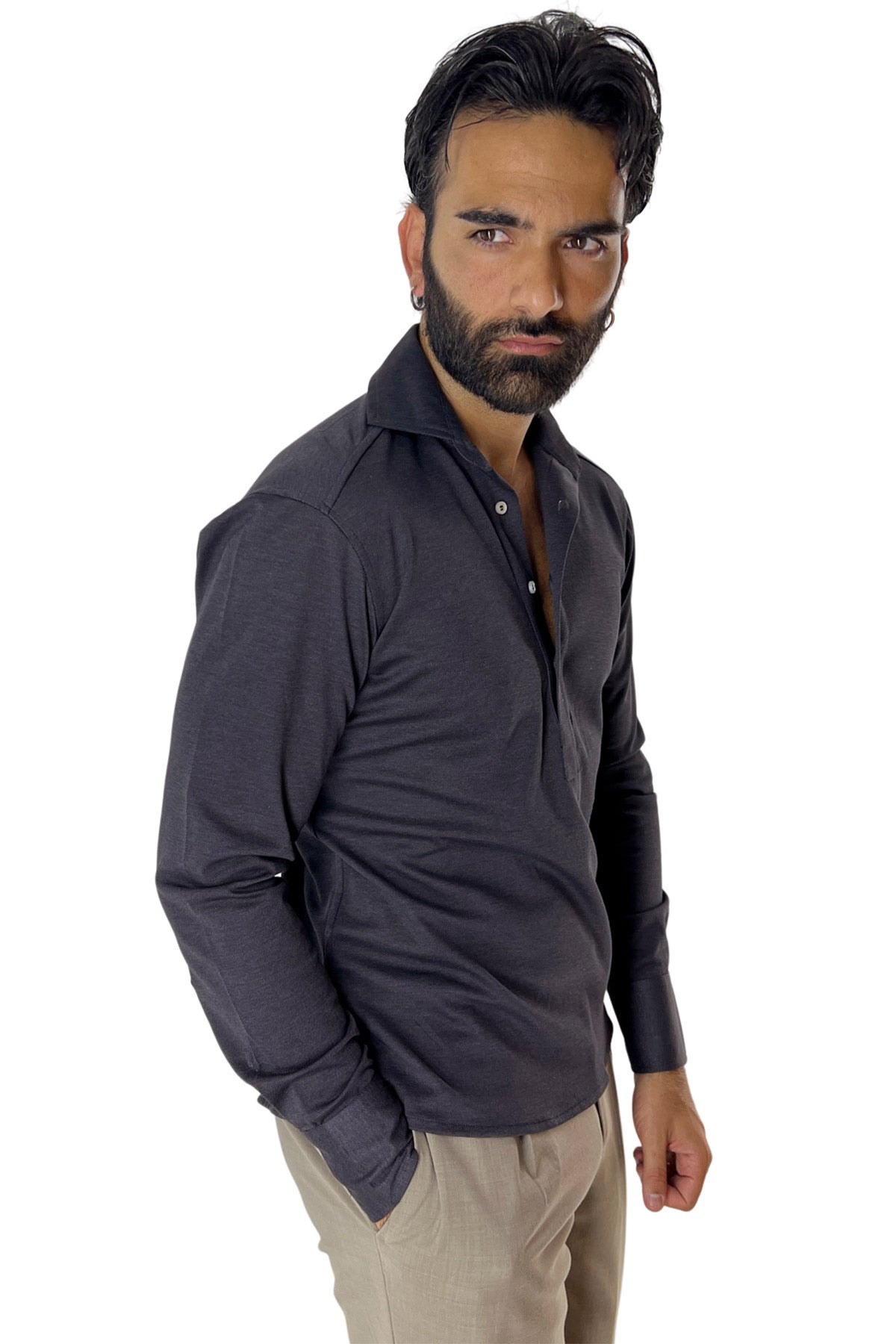 Polo camicia da uomo grigio scuro trattamento stone wash manica lunga in piquet cotone 100% Canclini