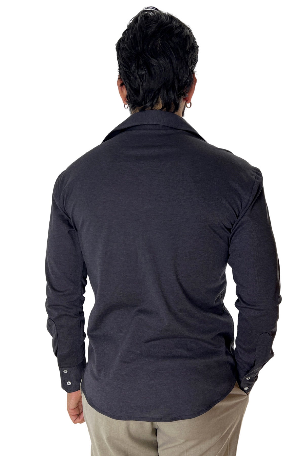 Polo camicia da uomo grigio scuro trattamento stone wash manica lunga in piquet cotone 100% Canclini