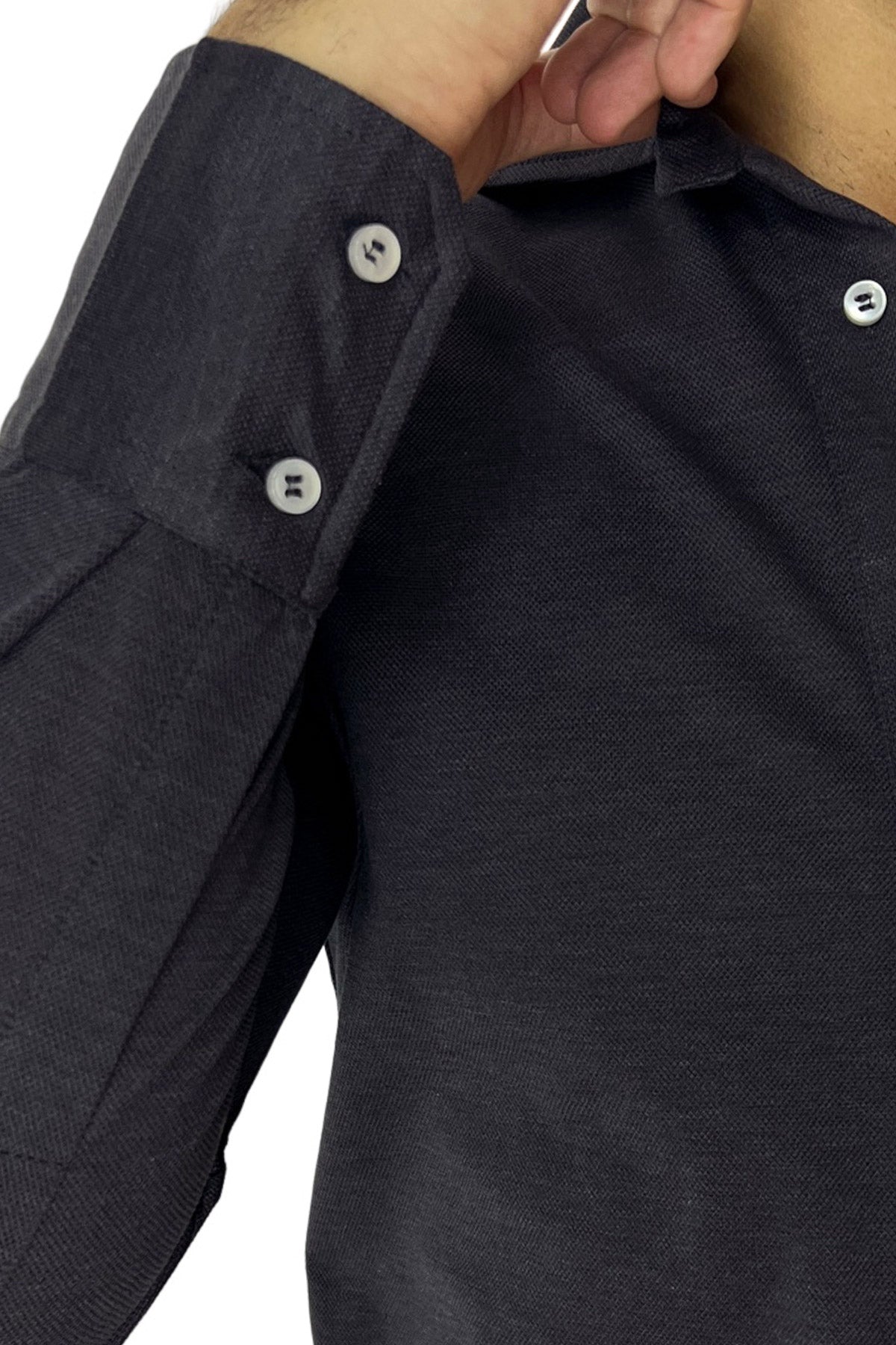 Polo camicia da uomo grigio scuro trattamento stone wash manica lunga in piquet cotone 100% Canclini