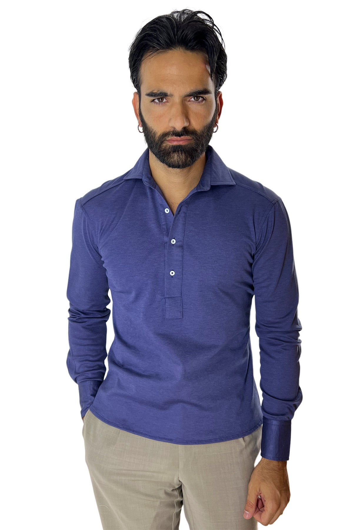Polo camicia da uomo blu denim trattamento stone wash manica lunga in piquet cotone 100% Canclini