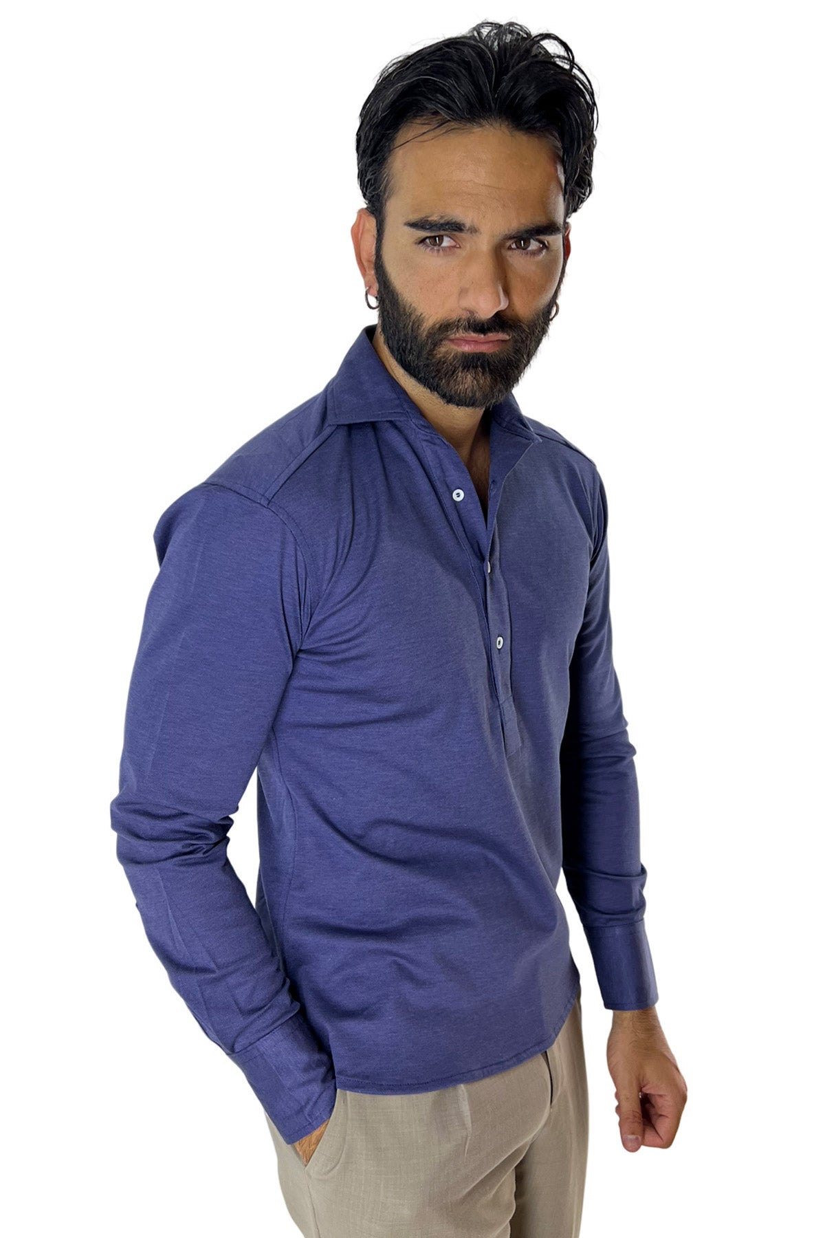 Polo camicia da uomo blu denim trattamento stone wash manica lunga in piquet cotone 100% Canclini