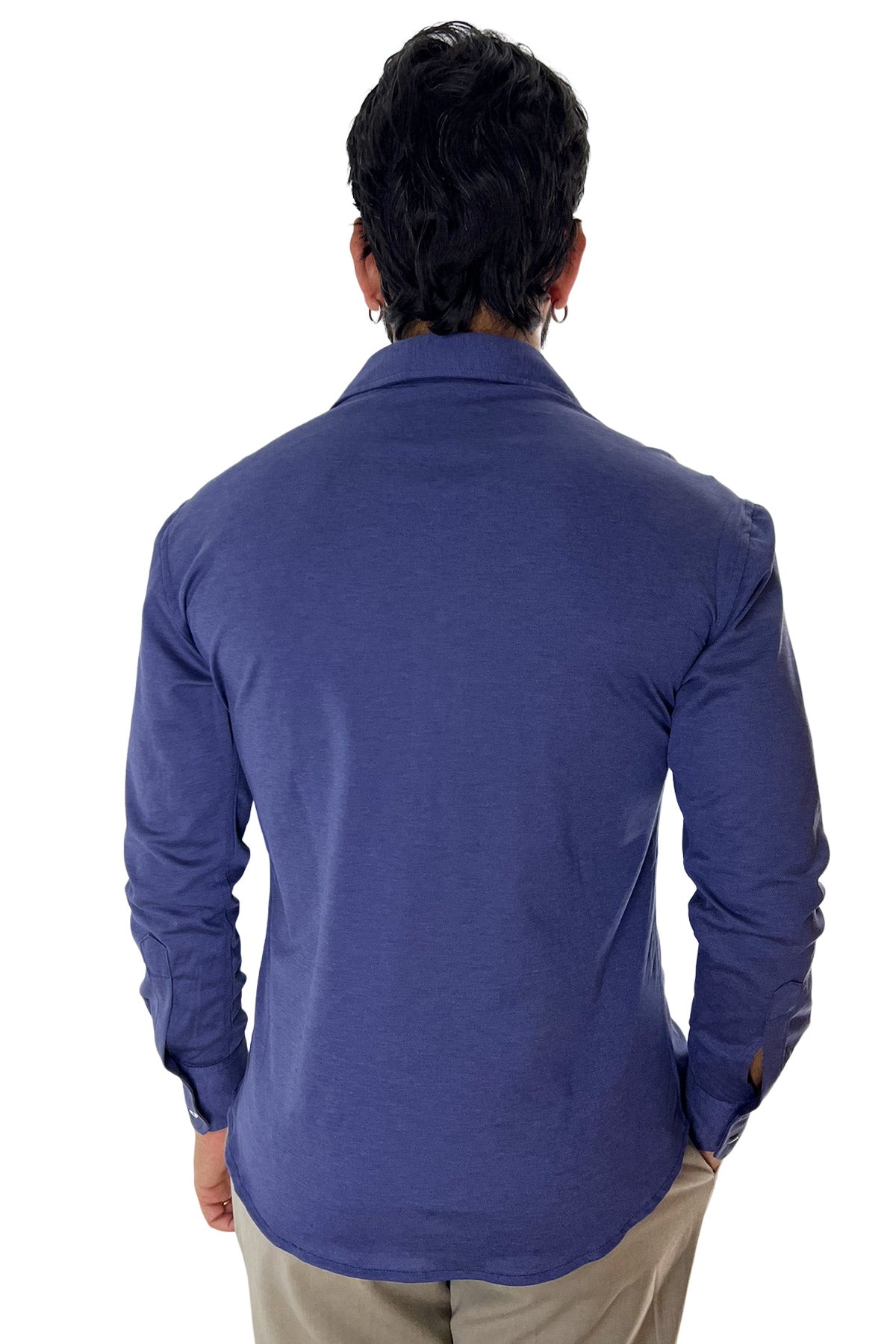 Polo camicia da uomo blu denim trattamento stone wash manica lunga in piquet cotone 100% Canclini